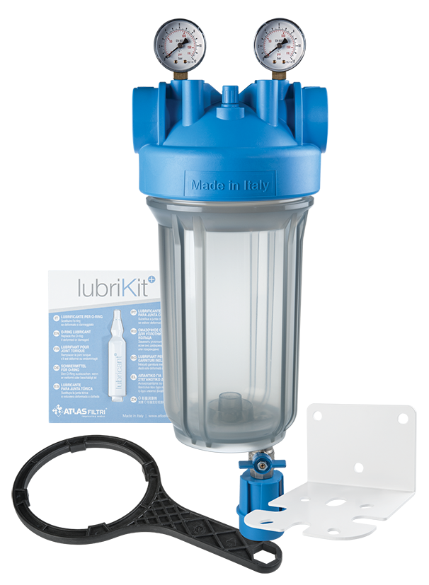 Atlas Filtri ZA1700745 Kit - DP BIG Mono - Single 4.5"x10" - Clear Sump - 1" NPT - 2 Gauges & 1 Drain Kit - L-shaped White Bracket & Wrench