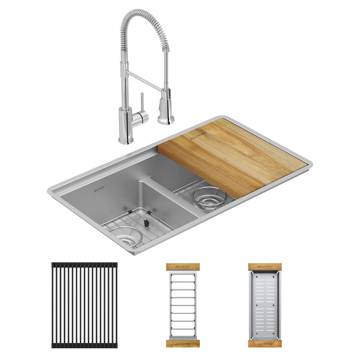 Elkay Crosstown 18 Gauge Workstation Stainless Steel 31-1/2" x 18-1/2" x 9" Equal Double Bowl Undermount Sink & Faucet Kit with Aqua Divide