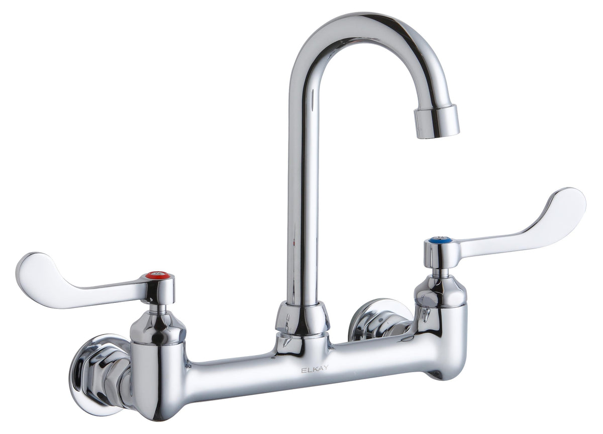Elkay Scrub/Handwash 8" Centerset Wall Mount Faucet w/4" Gooseneck Spout 4" Wristblade Handles 1/2" Offset Inlet