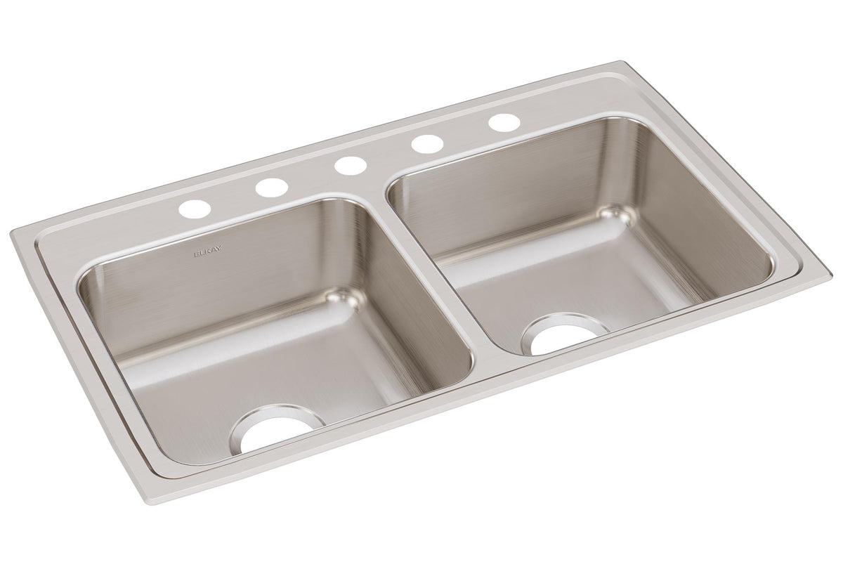 Elkay Lustertone Classic Stainless Steel 33" x 19-1/2" x 7-5/8" 5-Hole Equal Double Bowl Drop-in Sink