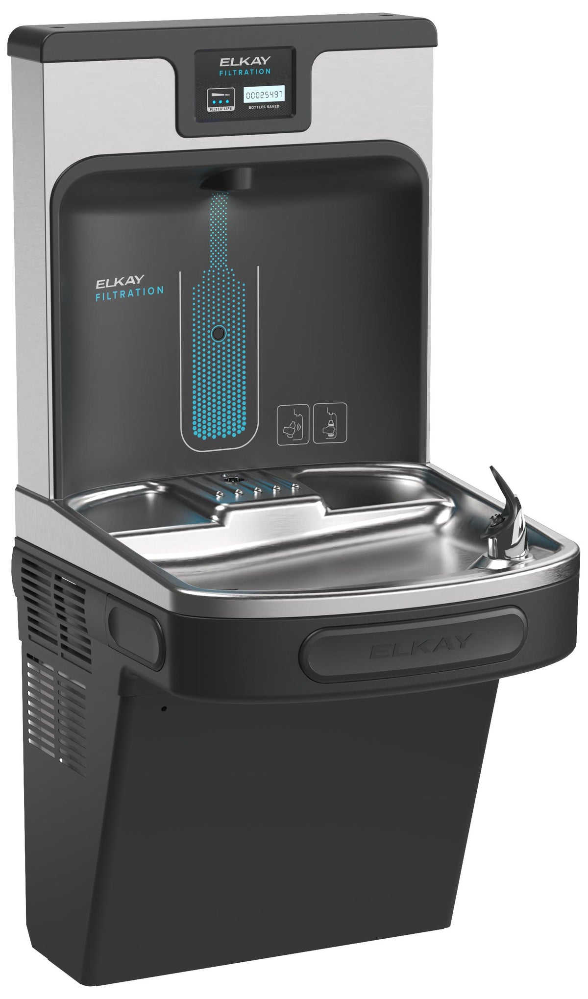Elkay Enhanced Filtered Bottle Filling Station & Single ADA Cooler Midnight Black Lead Reduction Drop Down Wrapper