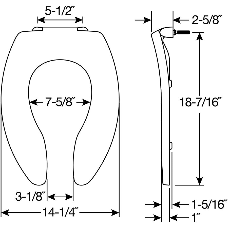 Bemis 1655CT Elongated Plastic Open Front Less Cover Toilet Seat Featuring Stay·Tite® Commercial Fastening System™ with Check Hinge - Dimensions