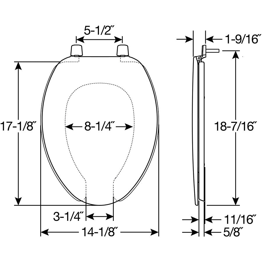 Bemis 175 Elongated Plastic Open Front with Cover Toilet Seat with Top·Tite® Hinges - Dimensions