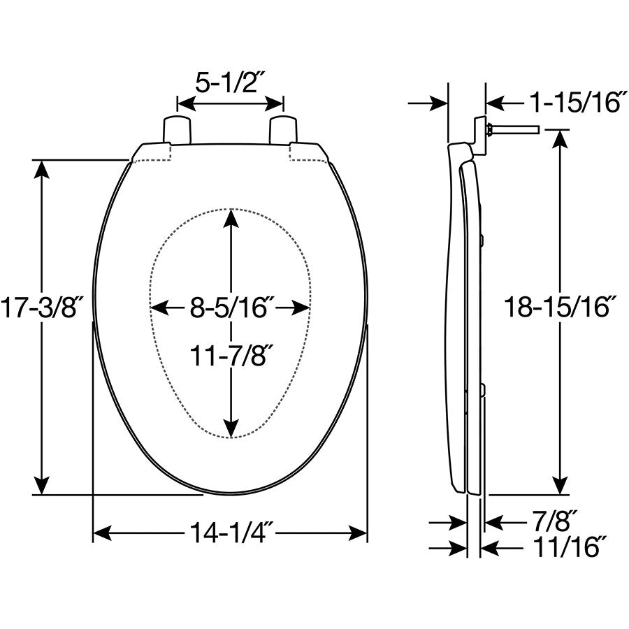 Bemis 7600T Elongated Hospitality Plastic Toilet Seat in White with Stay·Tite® Commercial Fastening System™ - Dimensions