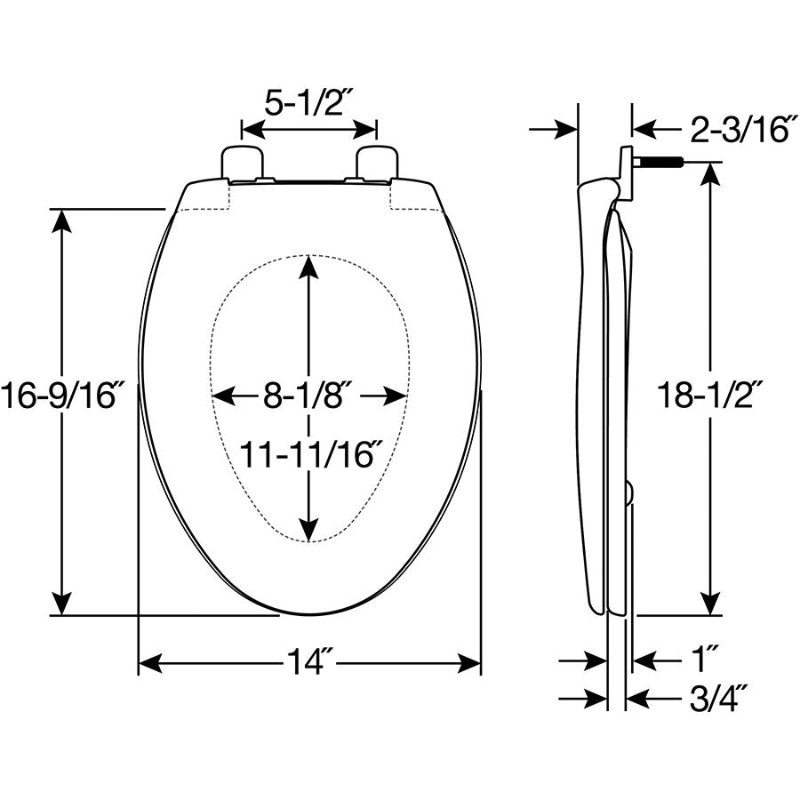 Bemis 7900TDGSL Elongated Hospitality Commercial Plastic Closed Front with Cover Toilet Seat in White Featuring Stay·Tite® Commercial Fastening System™, Whisper·Close®, Super·Grip® Bumpers, and DuraGuard® - Dimensions