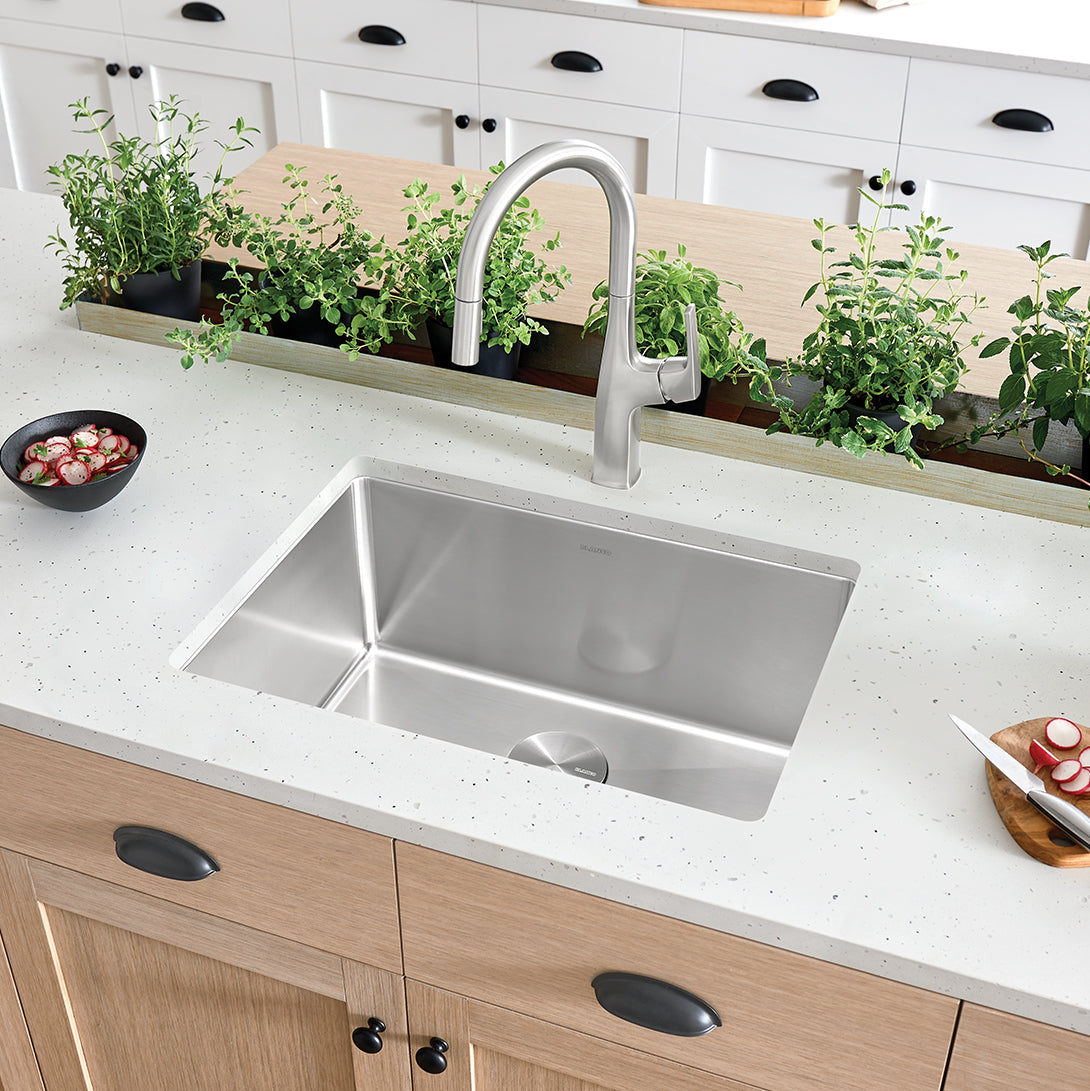 Satin Polished Finish - BLANCO Cuvee R15 25" Single Bowl Undermount Stainless Steel Kitchen Sink
