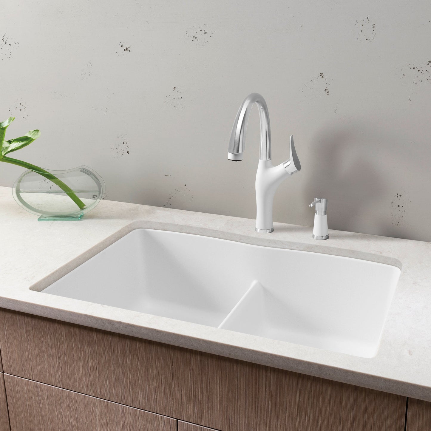 White - BLANCO Diamond SILGRANIT 32" 50/50 Double Bowl Undermount Kitchen Sink with Low Divide