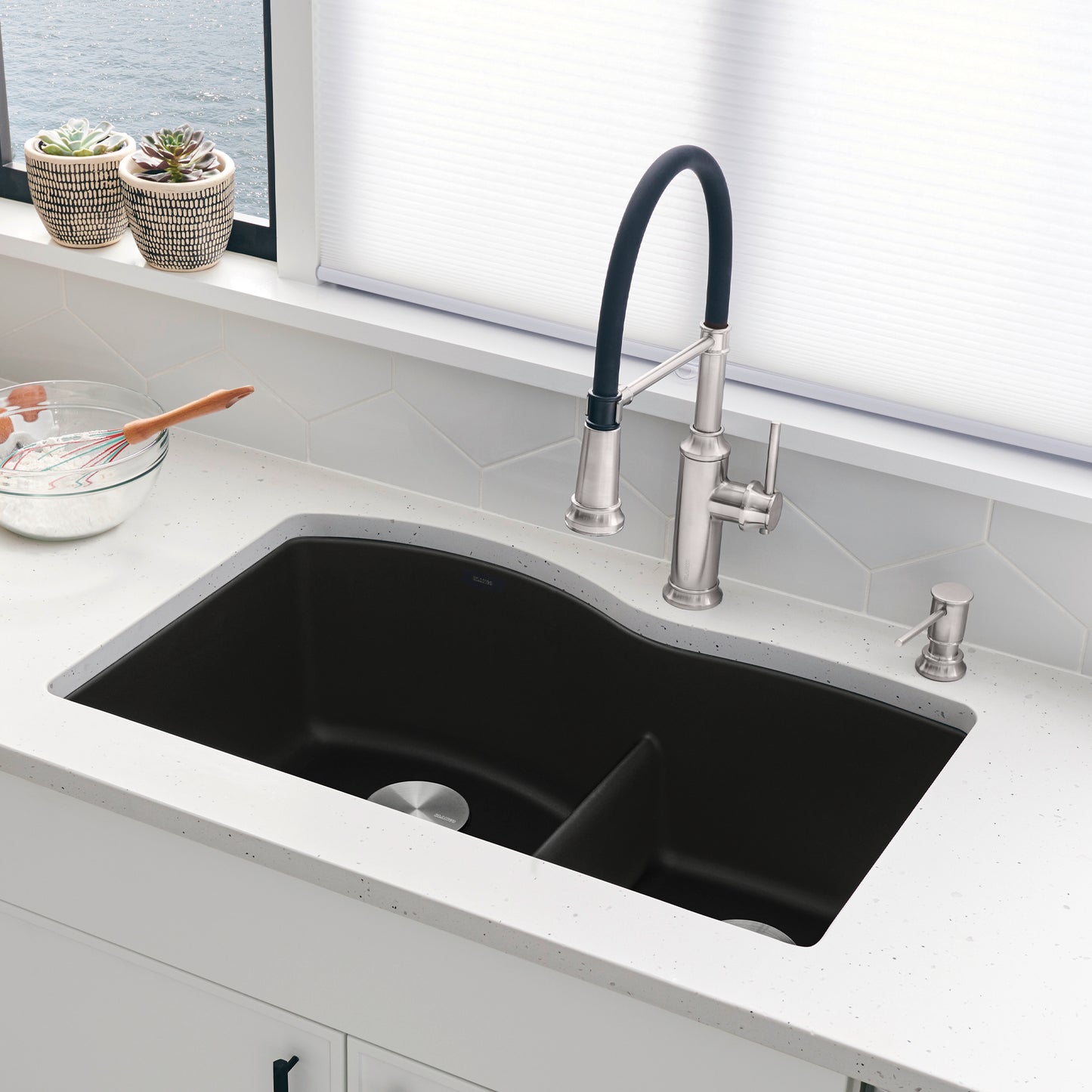 Coal Black - BLANCO Diamond SILGRANIT 32" 60/40 Double Bowl Undermount Kitchen Sink with Low Divide