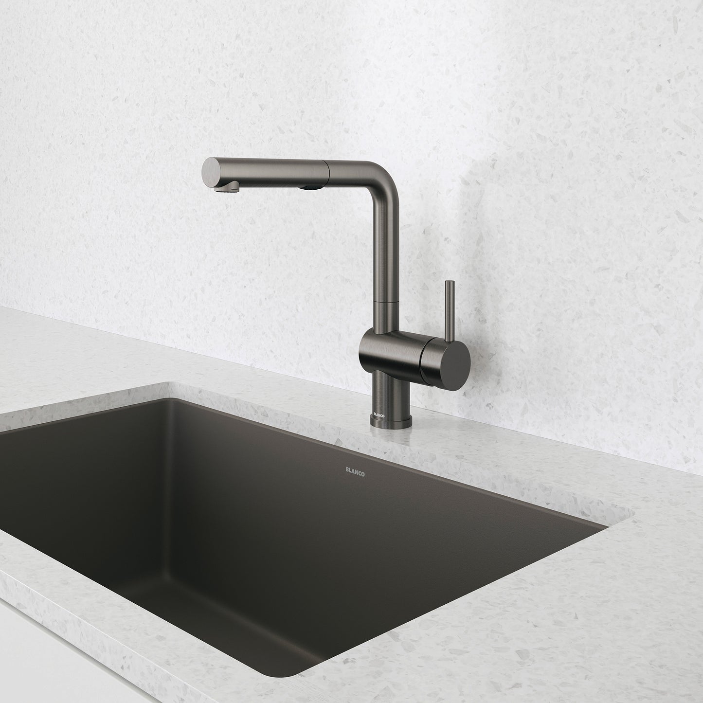 Satin Dark Steel - BLANCO Linus Low Arc Pull-Out Dual-Spray Kitchen Faucet