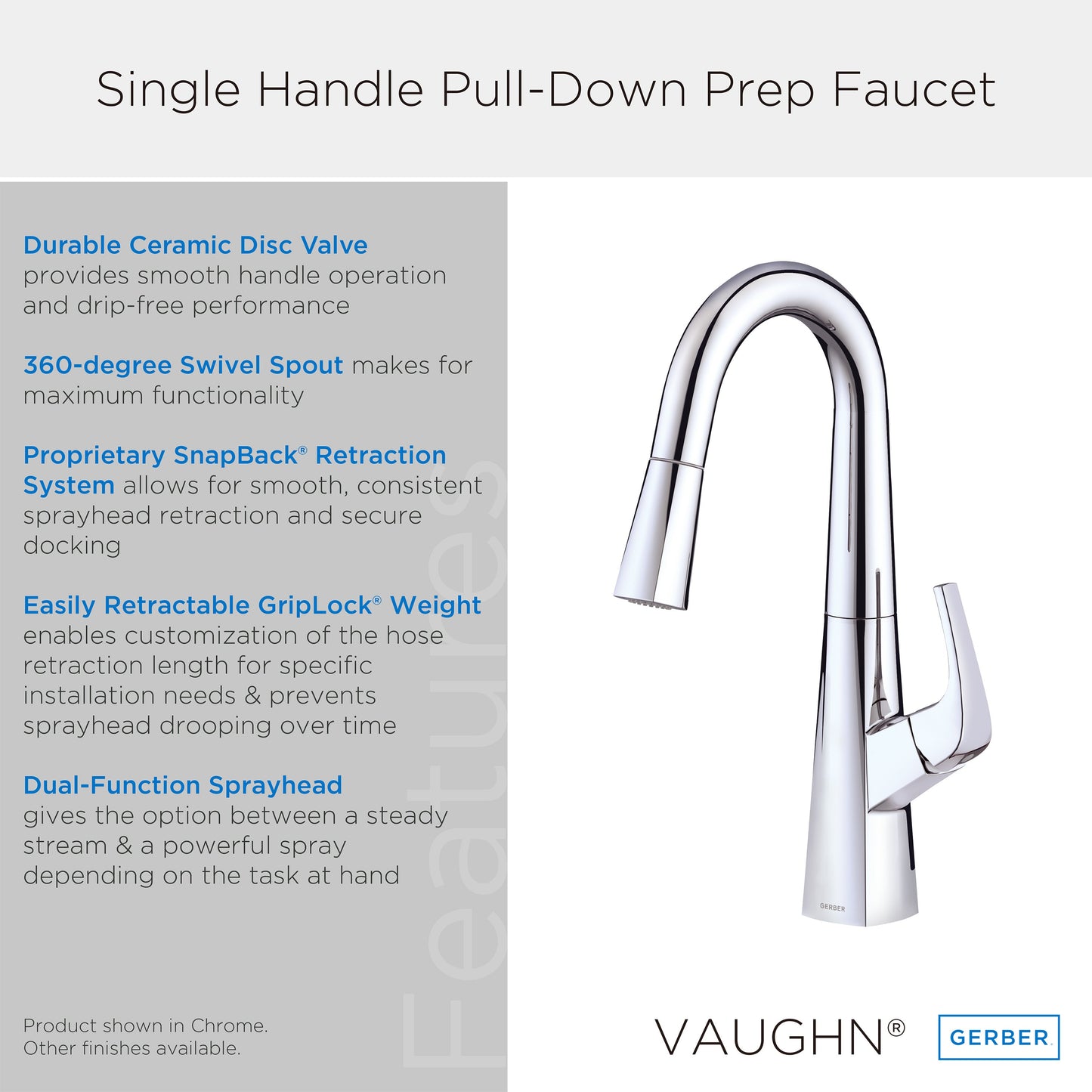 Gerber D150518 Vaughn 1H Pull-Down Prep Faucet 1.75gpm Chrome - Chrome