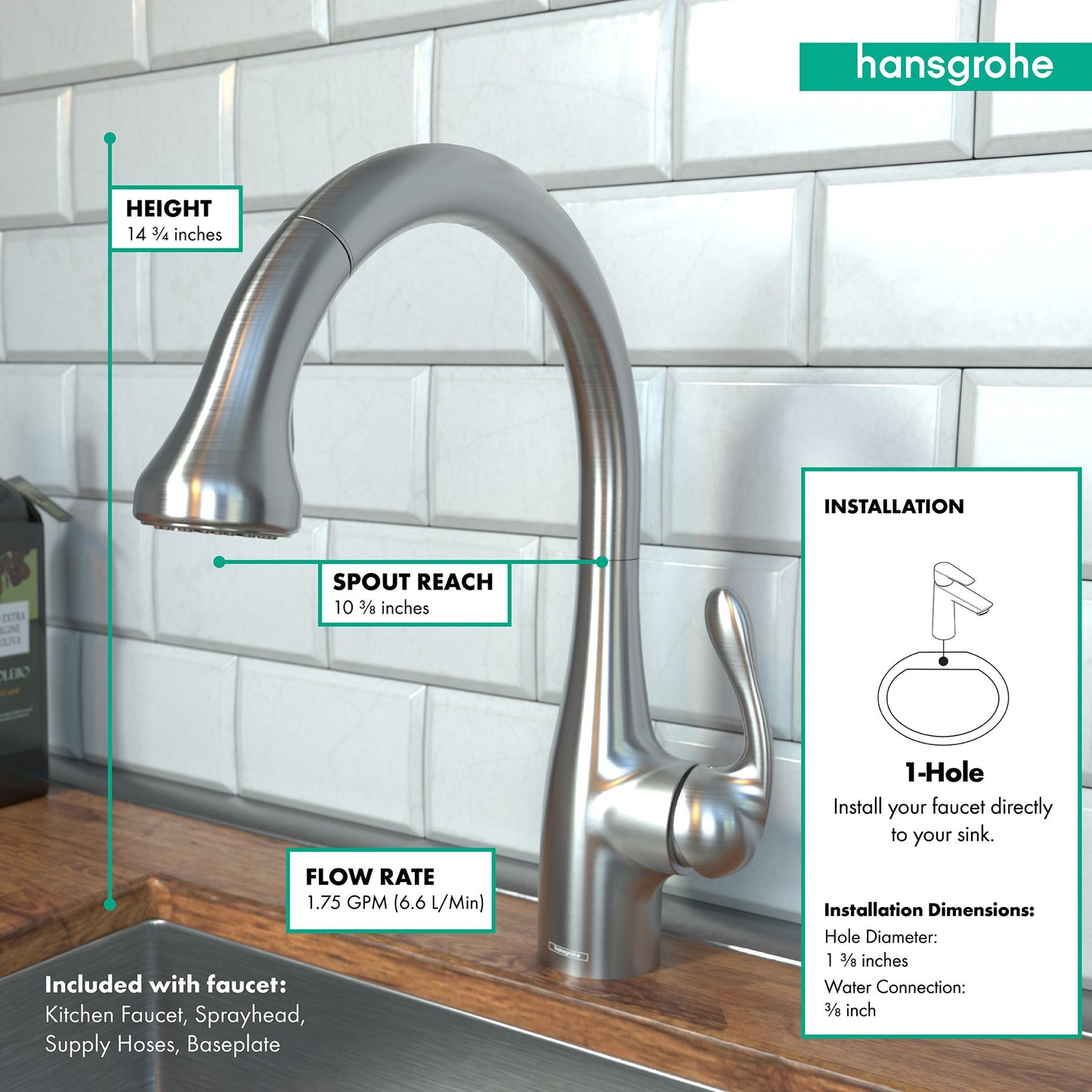 hansgrohe Allegro E Gourmet HighArc Kitchen Faucet, 2-Spray Pull-Down, 1.75 GPM