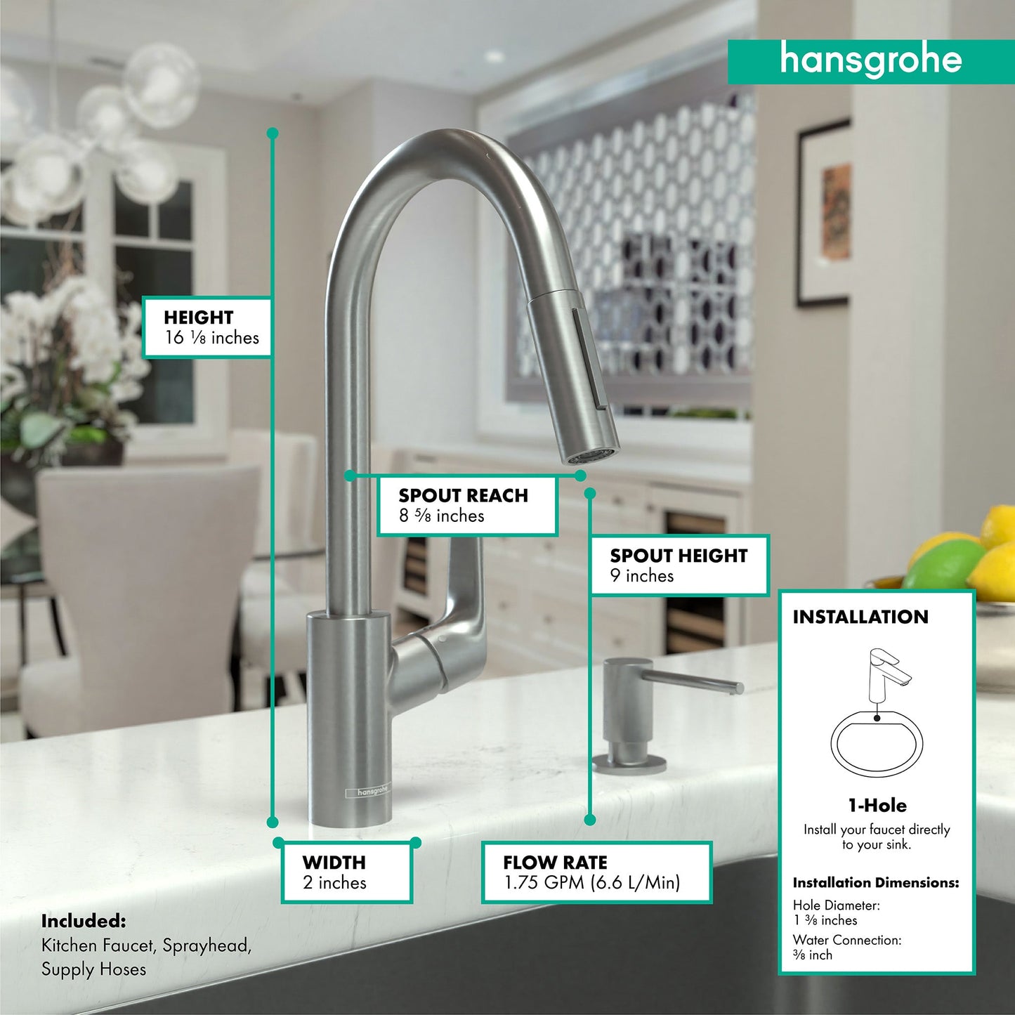 hansgrohe Focus HighArc Kitchen Faucet, 2-Spray Pull-Down, 1.75 GPM