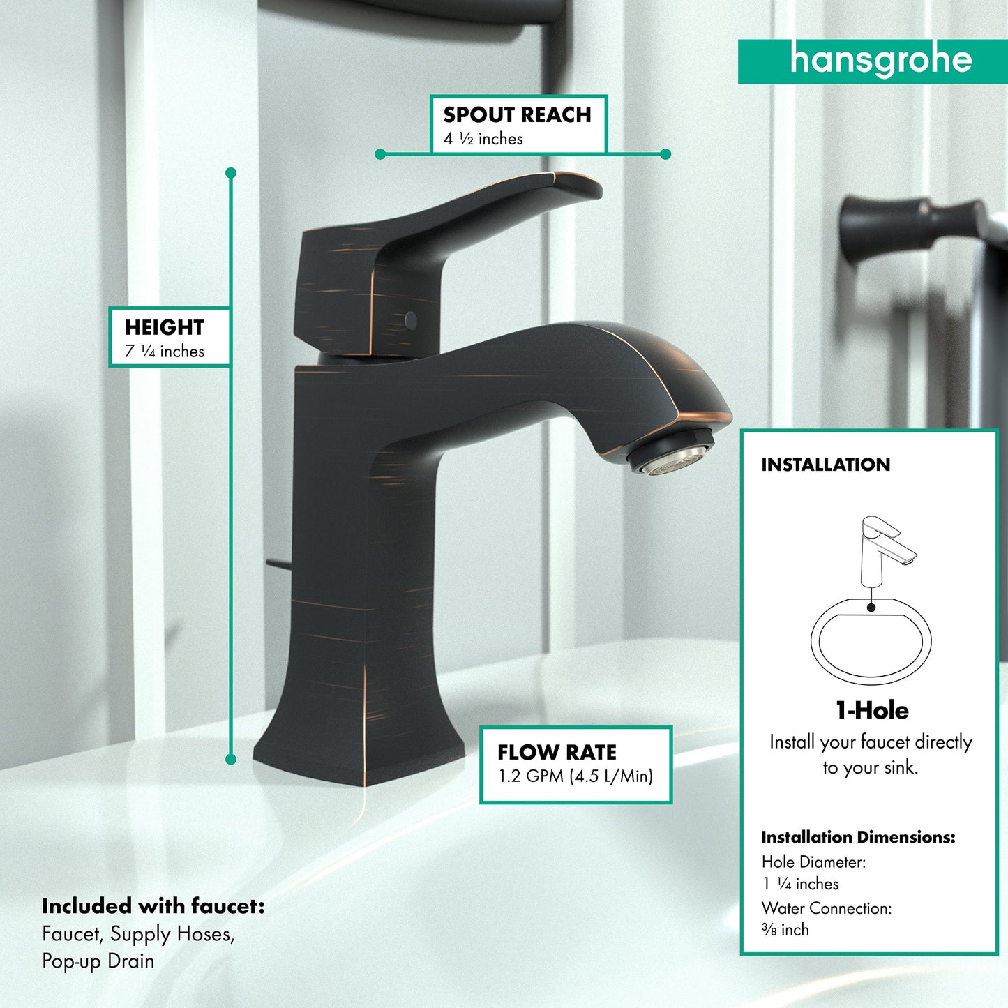 hansgrohe Metris C Single-Hole Faucet 100 with Pop-Up Drain, 1.2 GPM