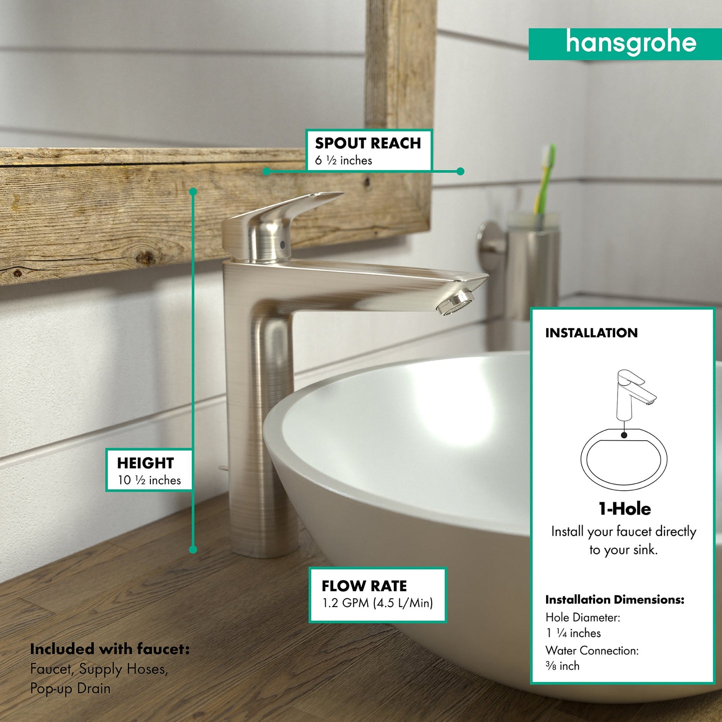 hansgrohe Logis Single-Hole Faucet 190 with Pop-Up Drain, 1.2 GPM