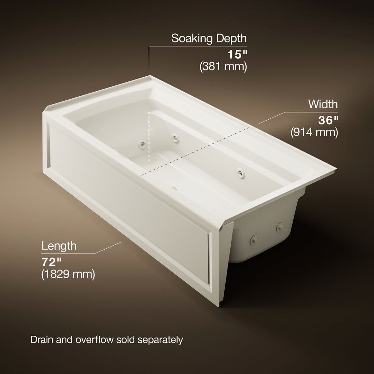 KOHLER K-1124-RA Archer 72" x 36" alcove whirlpool bath, right drain
