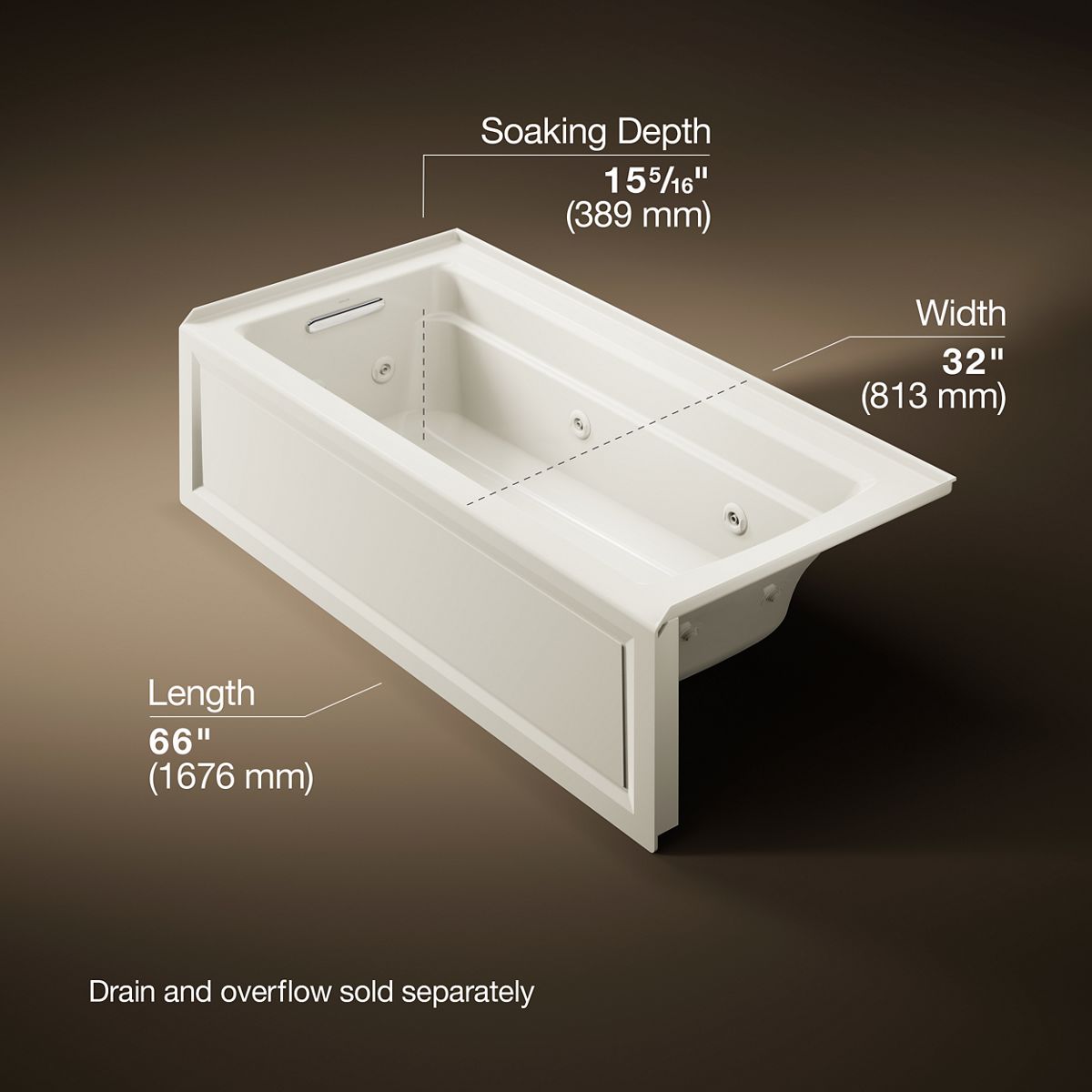 KOHLER K-1949-LA Archer 66" x 32" integral apron whirlpool with integral flange and left-hand drain