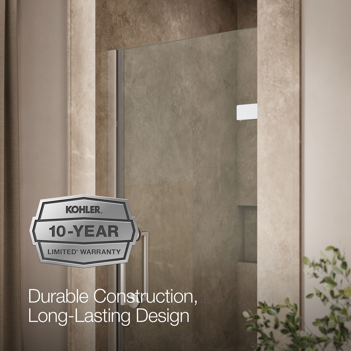 KOHLER K-27583-10L Components 29-5/8" – 30-3/8" W x 71-1/2" H frameless pivot shower door with 3/8" Crystal Clear glass...