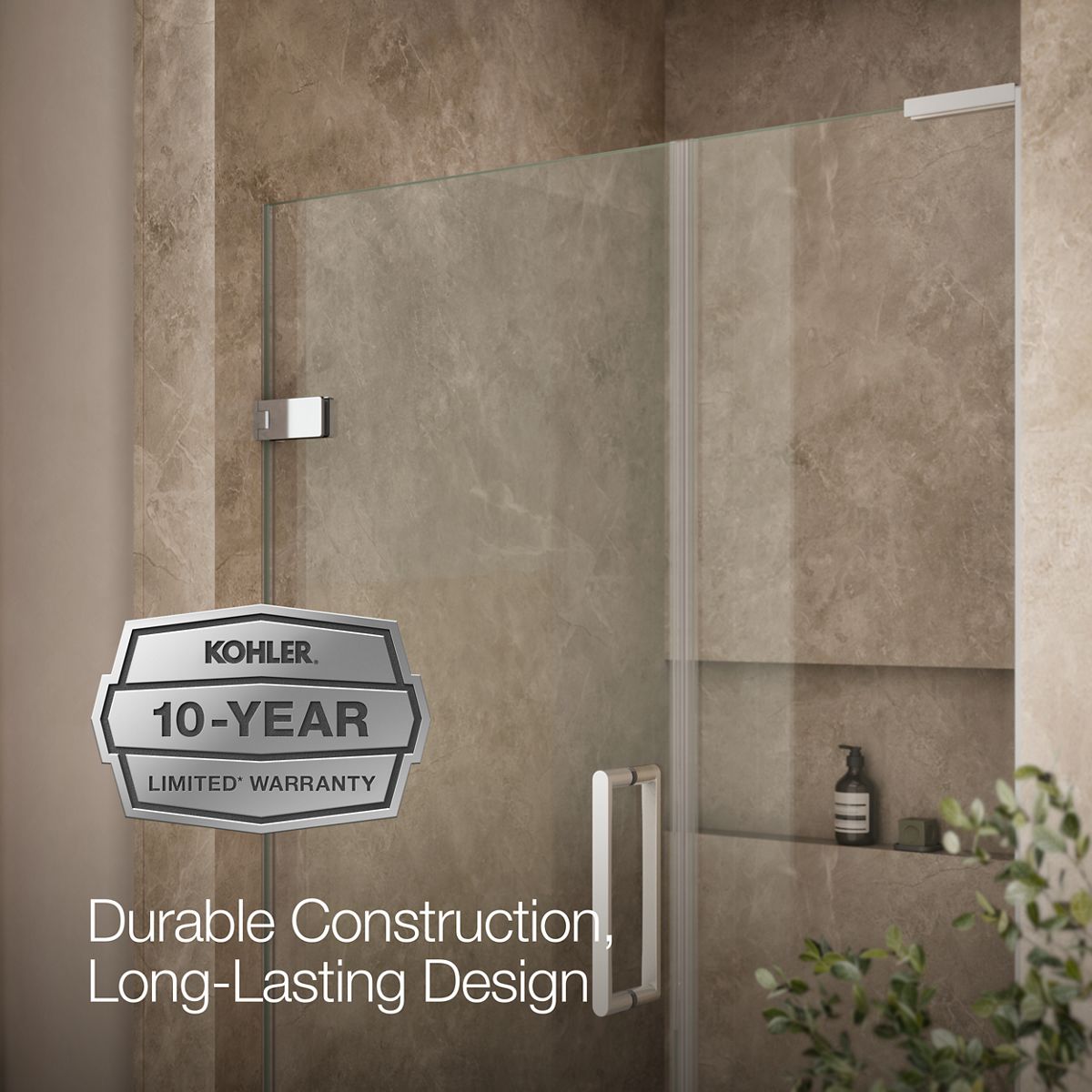 KOHLER K-27604-10L Composed 45-1/4" – 46" W x 71-1/2" H frameless pivot shower door with 3/8" Crystal Clear glass and...