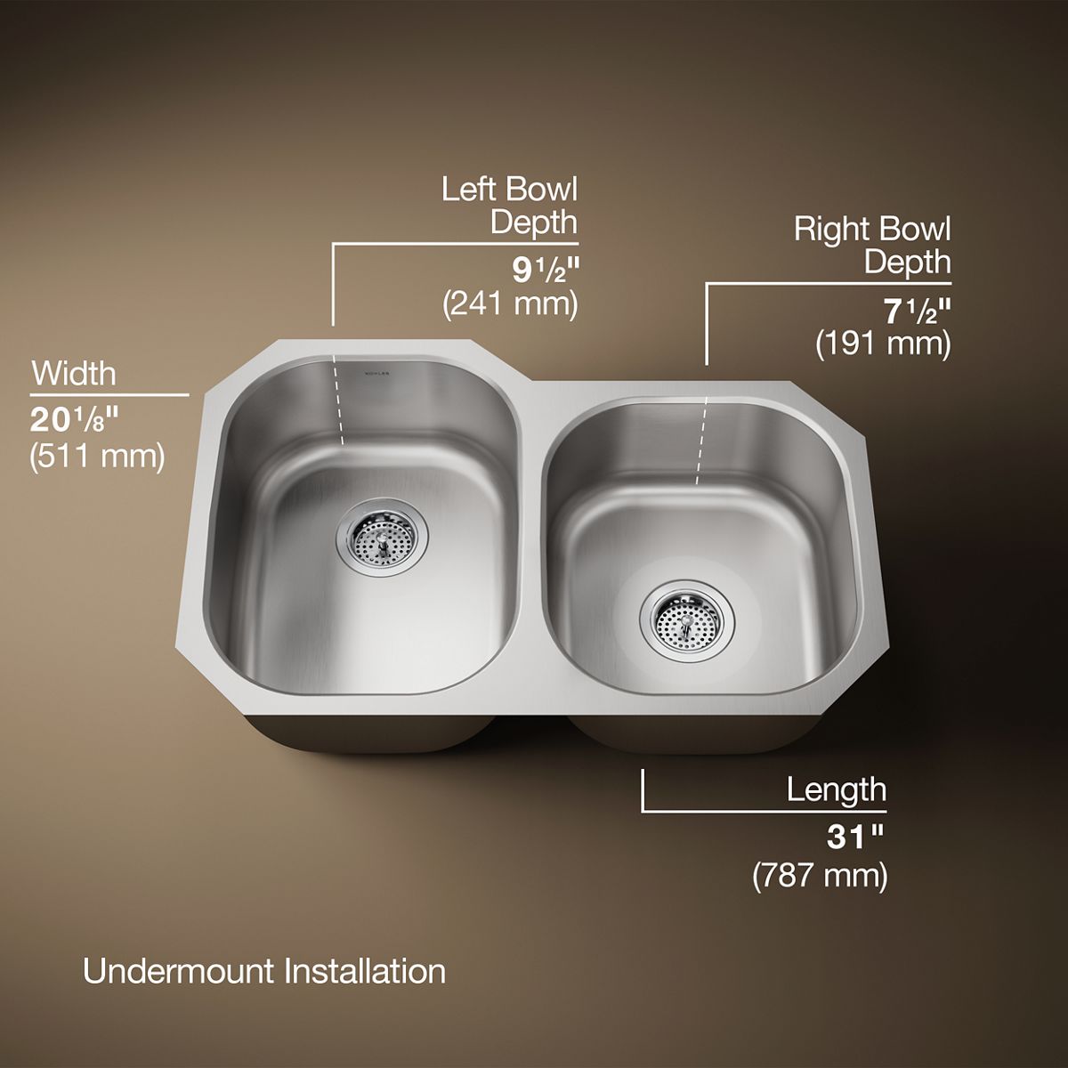 KOHLER K-3150 Undertone 31" undermount double-bowl kitchen sink