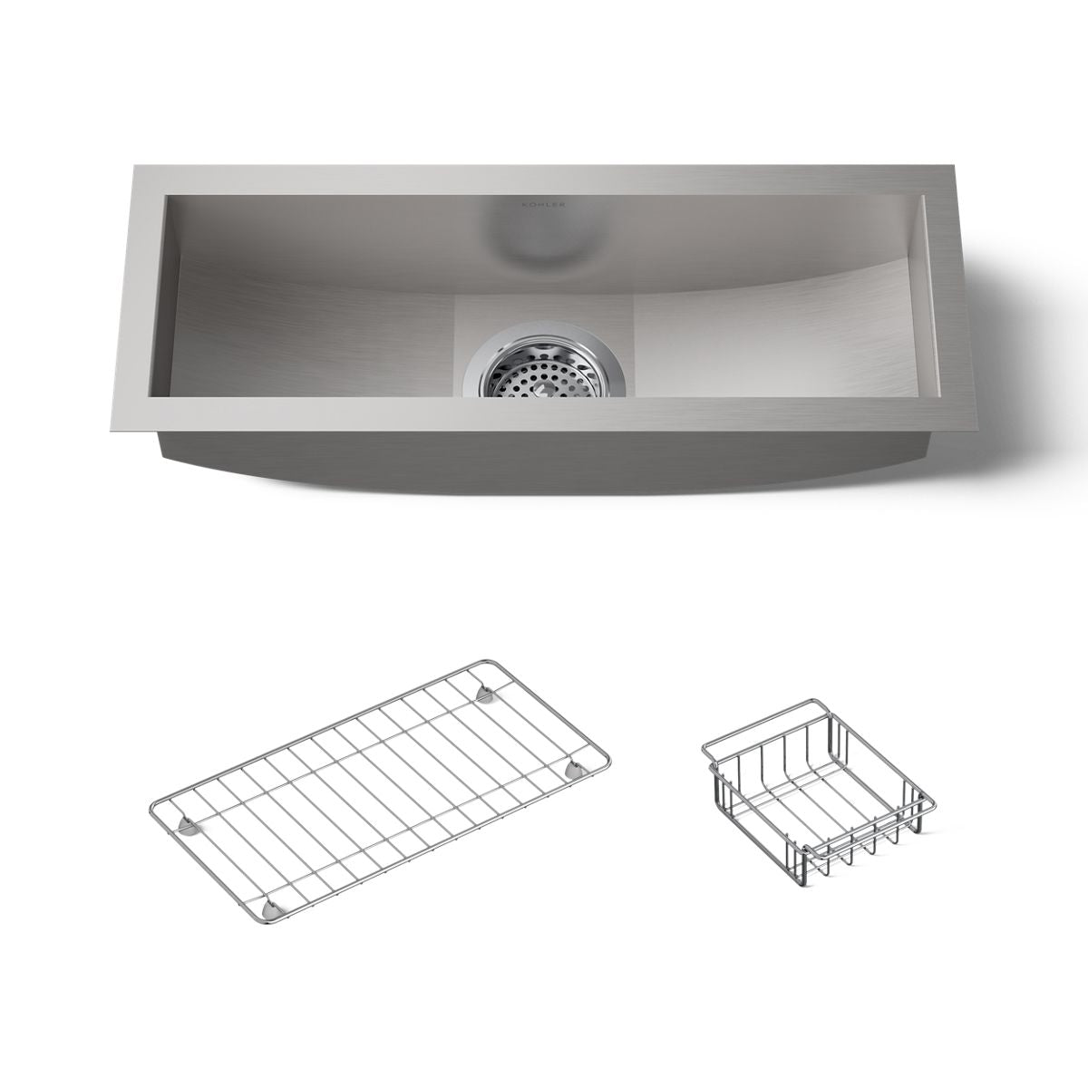 KOHLER K-3154-NA Undertone 22" x 8-1/4" x 5-1/4" Undermount single-bowl trough kitchen sink, includes wire basket and rack