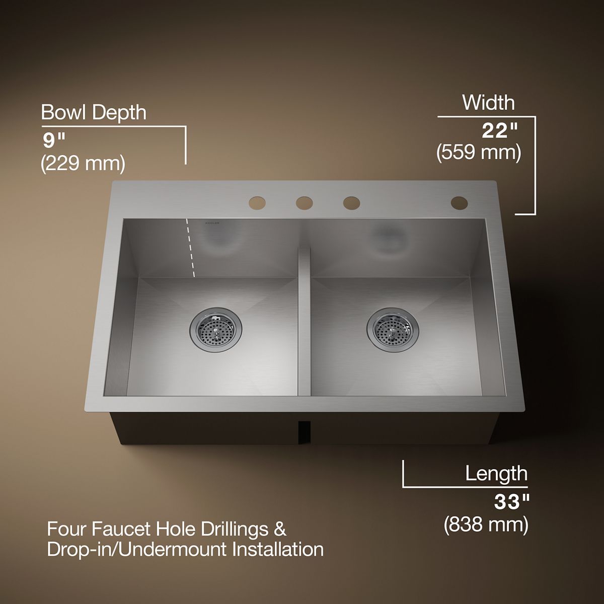KOHLER K-3838-4 Vault Smart Divide 33" top-/undermount double-bowl kitchen sink