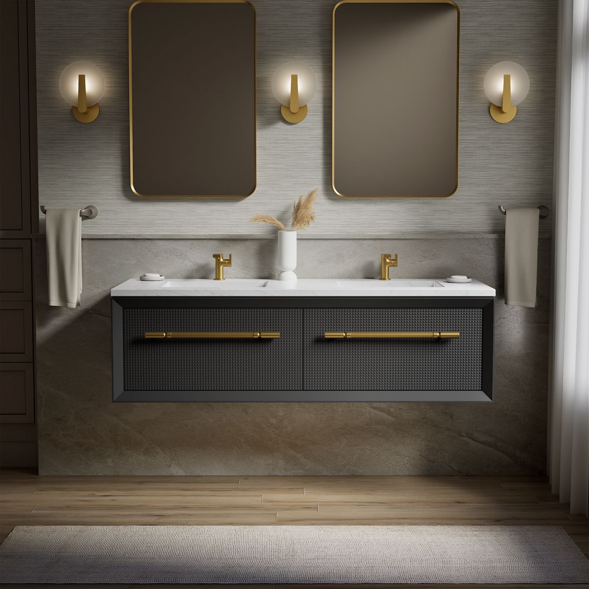 KOHLER K-CM33563-BD1 Enivo 60" wall-hung bathroom vanity cabinet with sinks and quartz top, gloss black - view 5