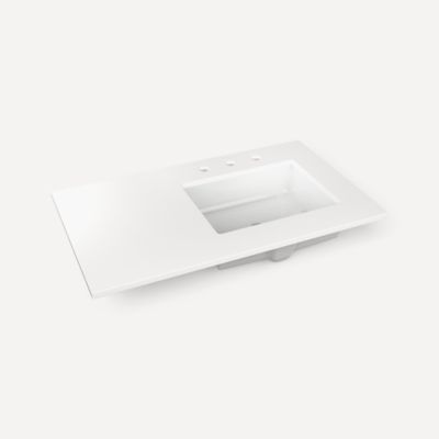 Robern TF37URO92-8 Quartz Stone Vanity Top, 37" x 3/4" x 22", Right Offset Undercounter Sink, Quartz White, Three Hole