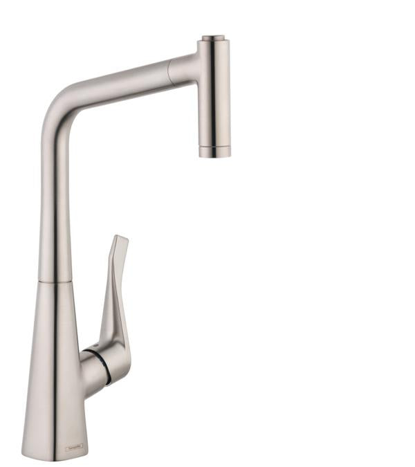 Hansgrohe 14820801 Metris High-Arc Pull-Out Kitchen Faucet with Magnetic Docking Spray Head and Locking Diverter in Steel Optic