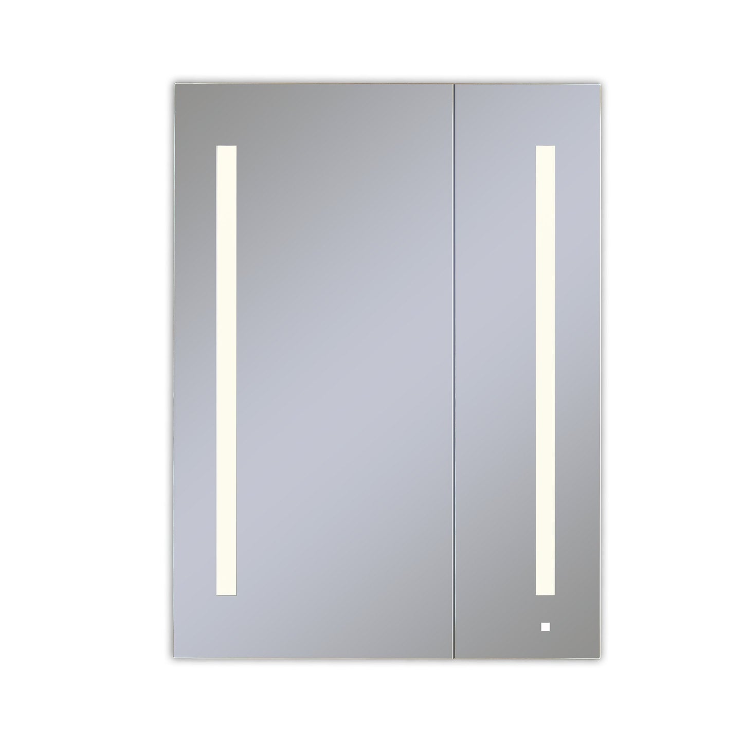 AiO 29-1/4" x 40" x 4" two door lighted cabinet with large door at left with LUM LED lighting at 2700 kelvin temperature (warm light), dimmable, interior lighting, electrical outlet, USB charging port and magnetic storage strip