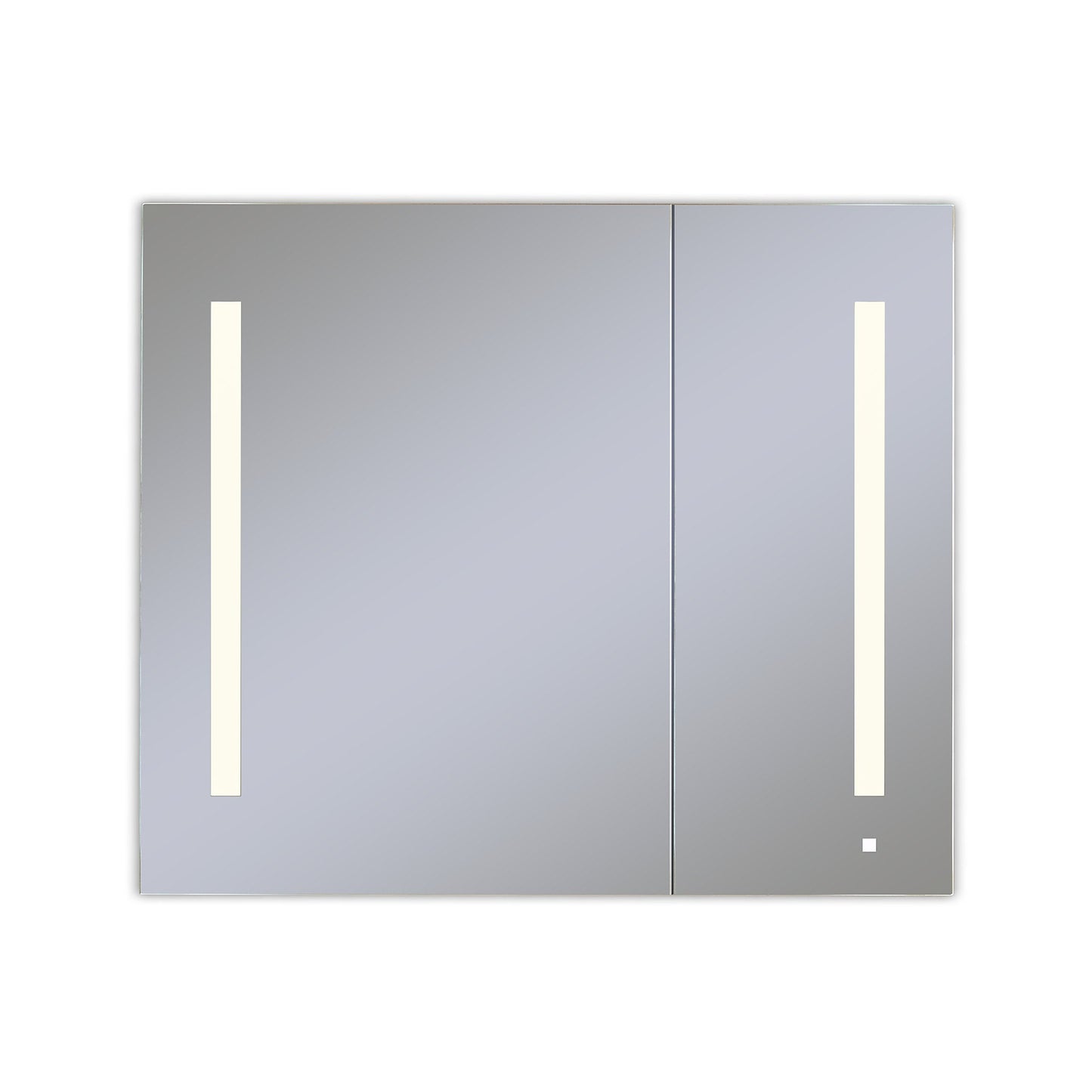 AiO 35-1/4" x 30" x 4" two door lighted cabinet with large door at left with LUM LED lighting at 2700 kelvin temperature (warm light), dimmable, built-in OM Audio, interior lighting, electrical outlet, USB charging ports and magnetic storage strip