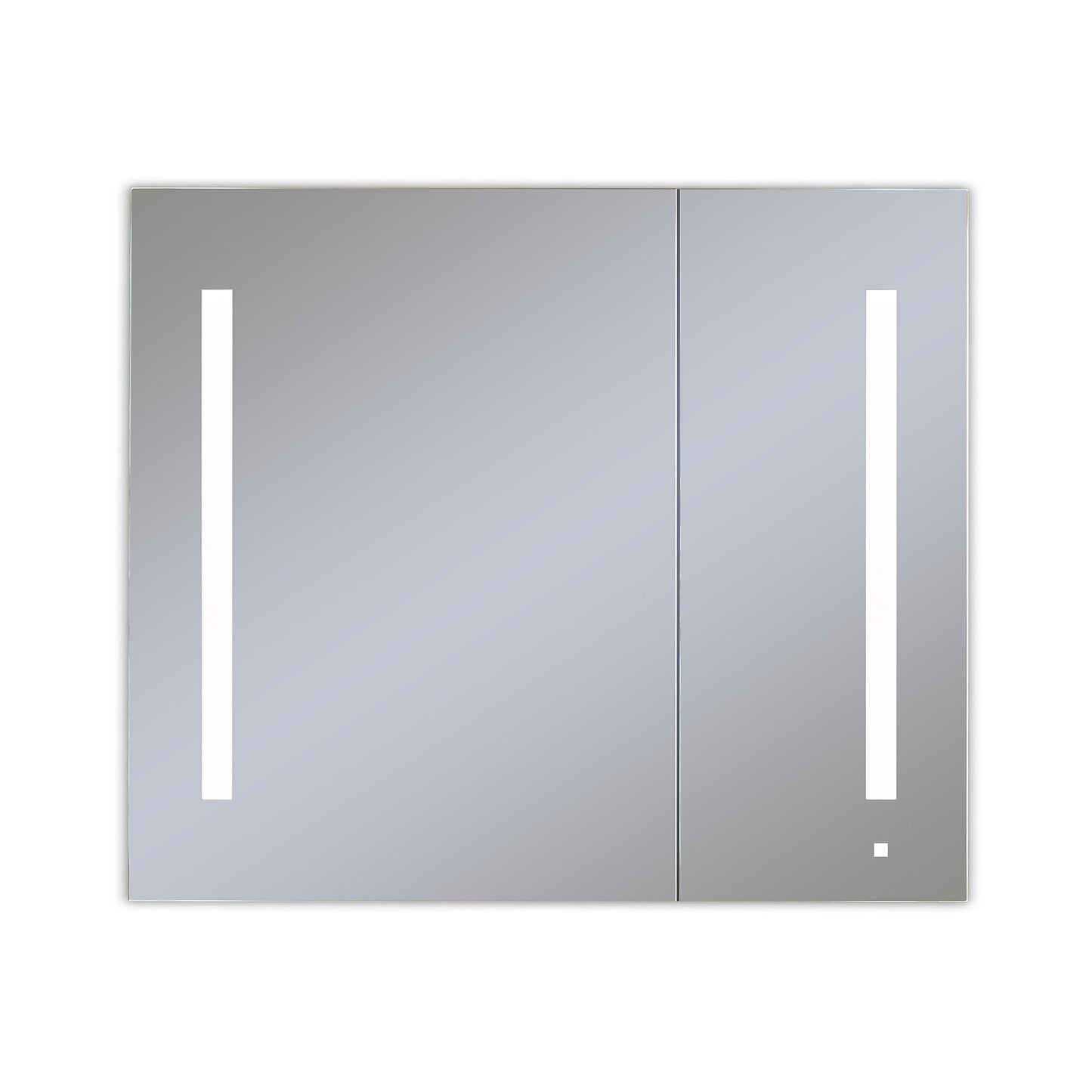 AiO 35-1/4" x 30" x 4" two door lighted cabinet with large door at left with LUM LED lighting at 4000 kelvin temperature (cool light), dimmable, interior lighting, electrical outlet, USB charging ports and magnetic storage strip