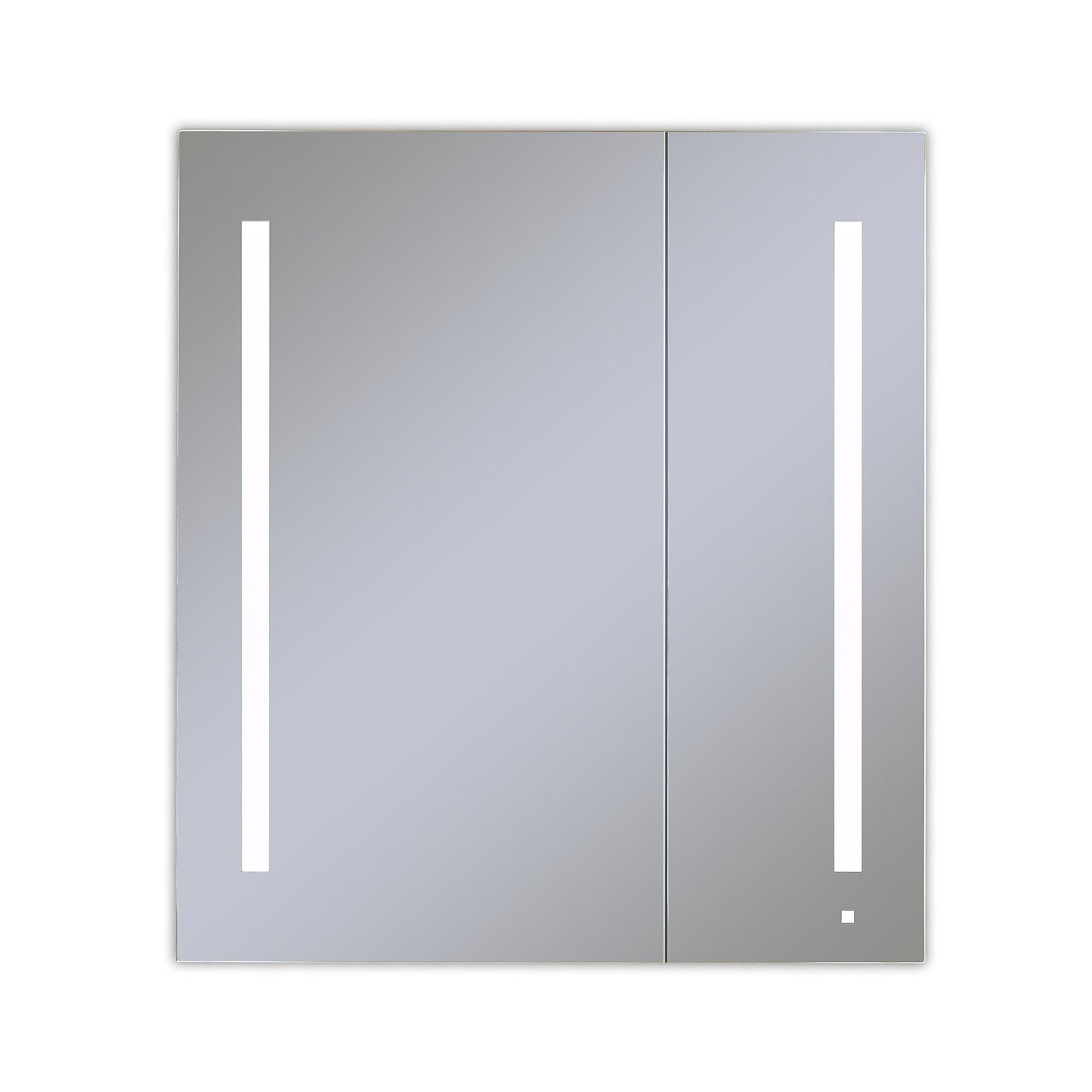 AiO 35-1/4" x 40" x 4" two door lighted cabinet with large door at left with LUM LED lighting at 4000 kelvin temperature (cool light), dimmable, built-in OM Audio, interior lighting, electrical outlet, USB charging ports and magnetic storage strip