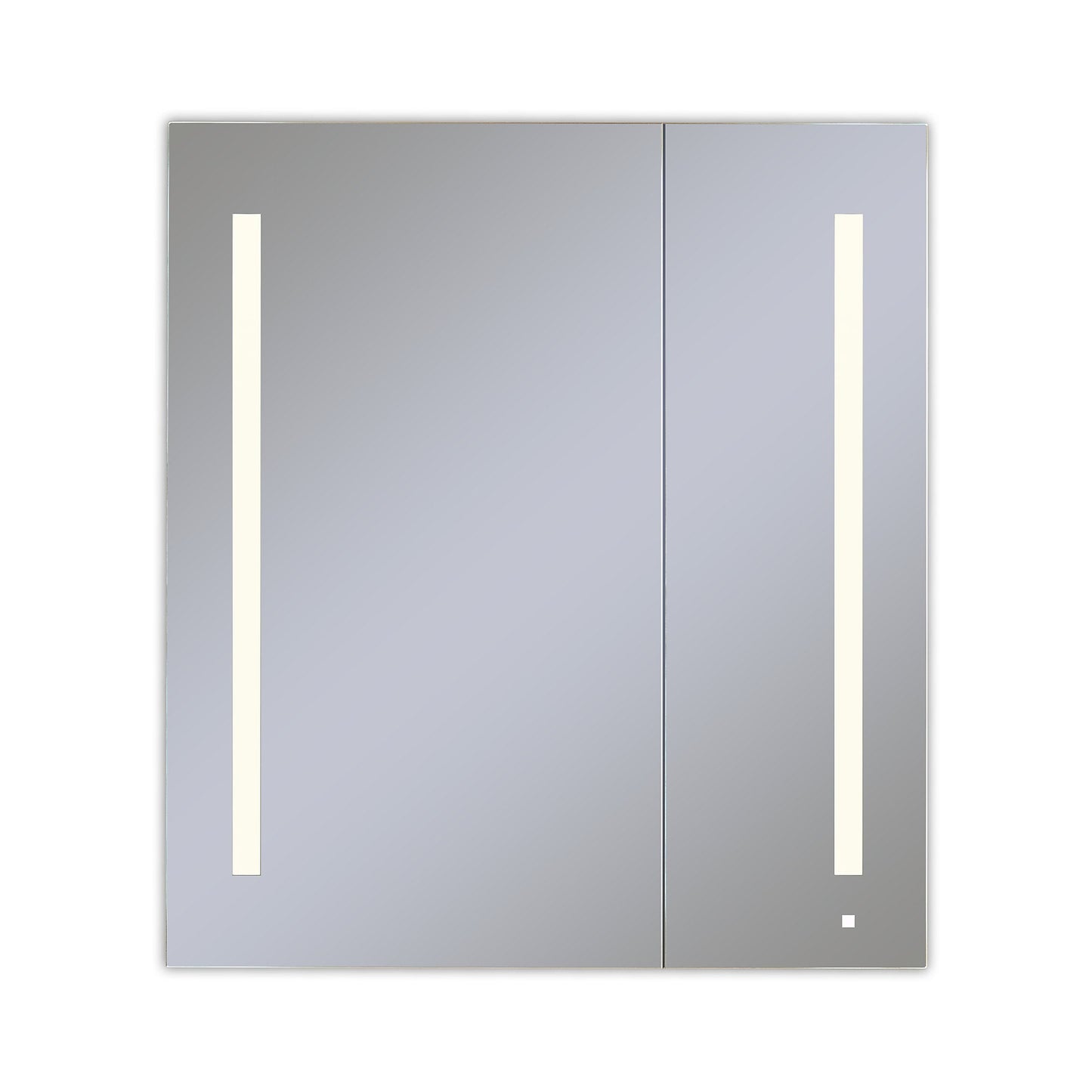 AiO 35-1/4" x 40" x 4" two door lighted cabinet with large door at left with LUM LED lighting at 2700 kelvin temperature (warm light), dimmable, interior lighting, electrical outlet, USB charging ports and magnetic storage strip