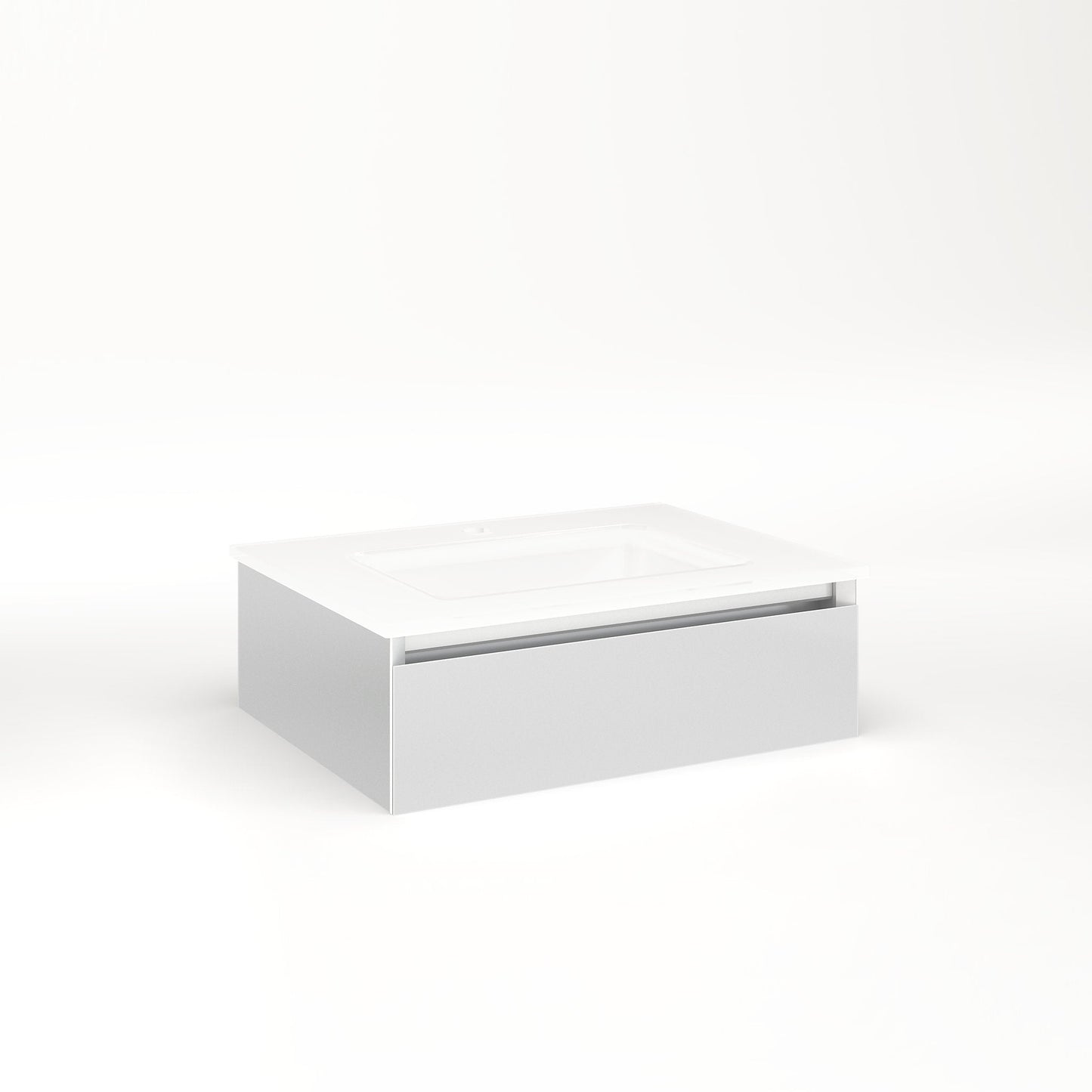 Cartesian 24-1/8" x 7-1/2" x 18-3/4" slim drawer vanity in satin white with slow-close plumbing drawer and night light in 5000K temperature (cool light)
