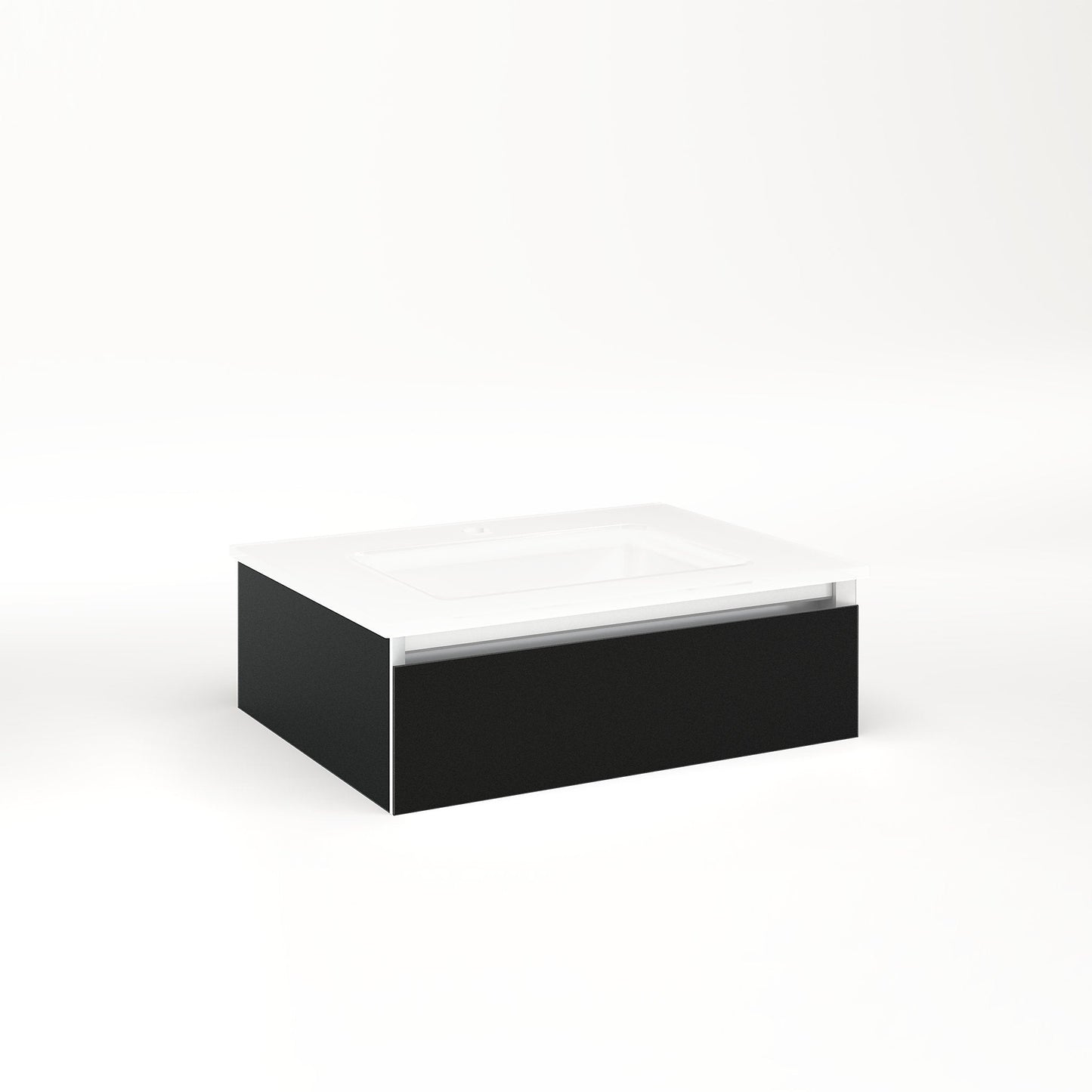 Cartesian 24-1/8" x 7-1/2" x 18-3/4" slim drawer vanity in matte black with slow-close plumbing drawer and selectable night light in 2700K/4000K temperature (warm/cool light)