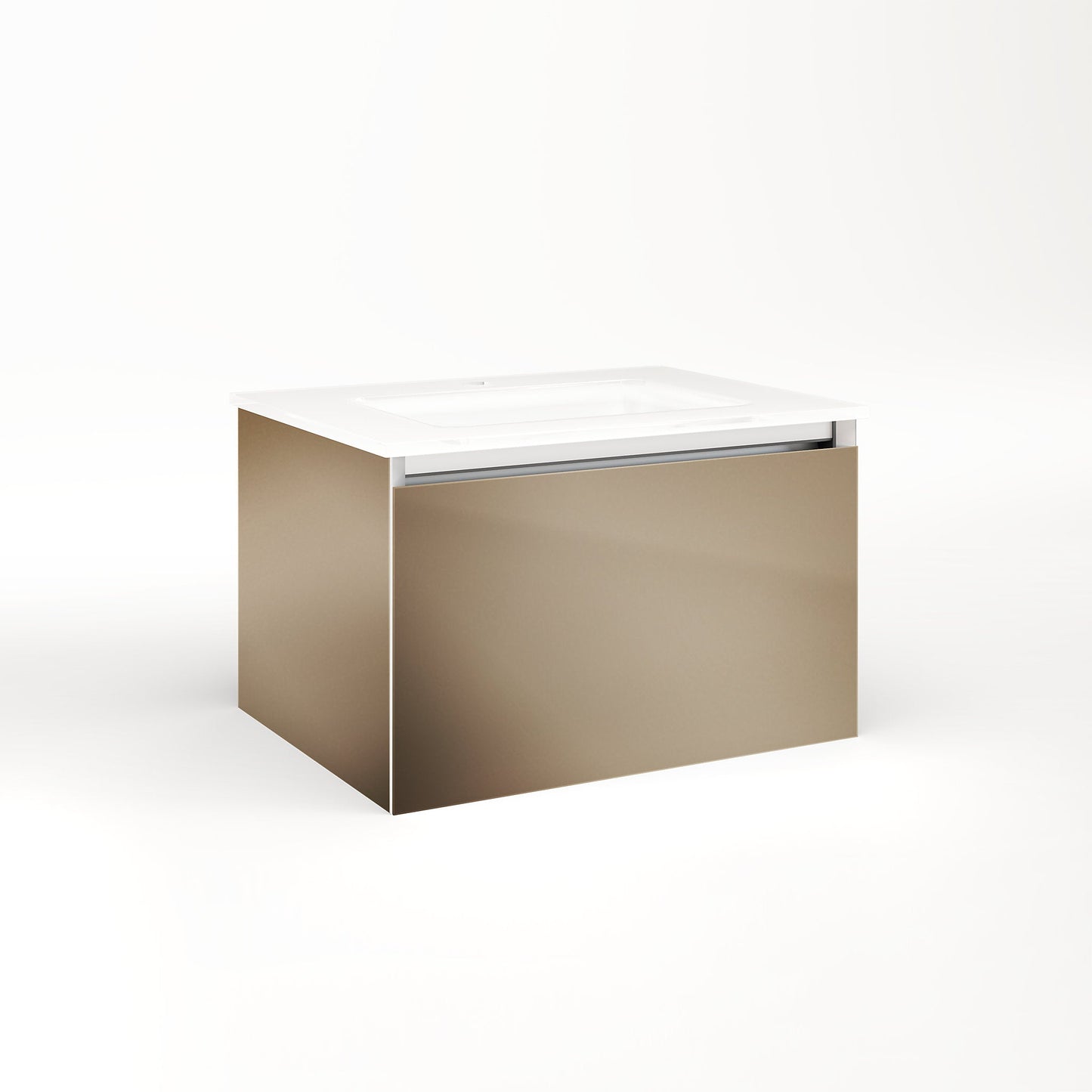 Cartesian 24-1/8" x 15" x 18-3/4" slim drawer vanity in satin bronze with slow-close full drawer and selectable night light in 2700K/4000K temperature (warm/cool light)