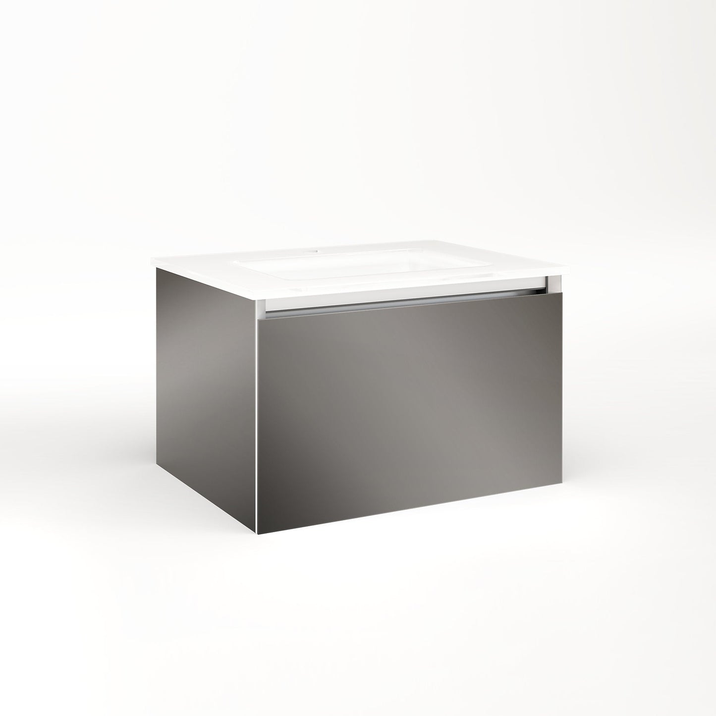 Cartesian 24-1/8" x 15" x 18-3/4" single drawer vanity in tinted gray mirror with slow-close plumbing drawer and night light in 5000K temperature (cool light)