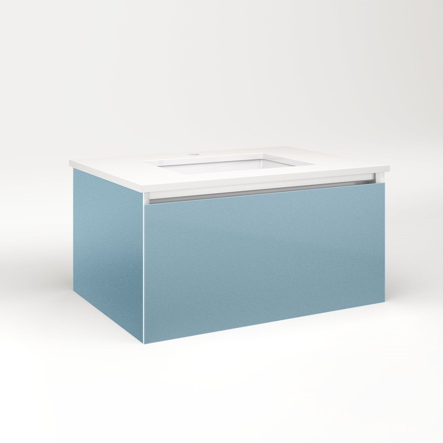 Cartesian 30-1/8" x 15" x 21-3/4" slim drawer vanity in ocean with slow-close plumbing drawer and selectable night light in 2700K/4000K temperature (warm/cool light)