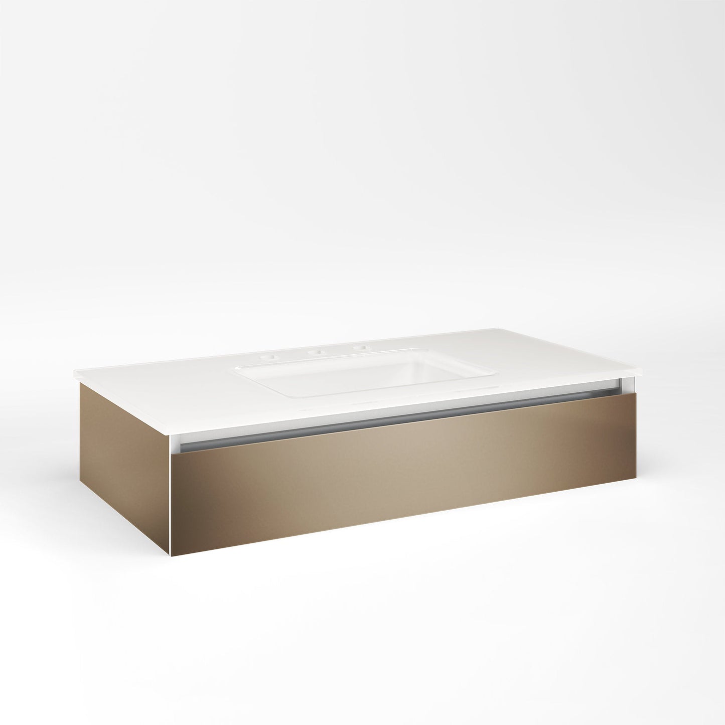 Cartesian 36-1/8" x 7-1/2" x 18-3/4" slim drawer vanity in satin bronze with slow-close tip out drawer and selectable night light in 2700K/4000K temperature (warm/cool light)