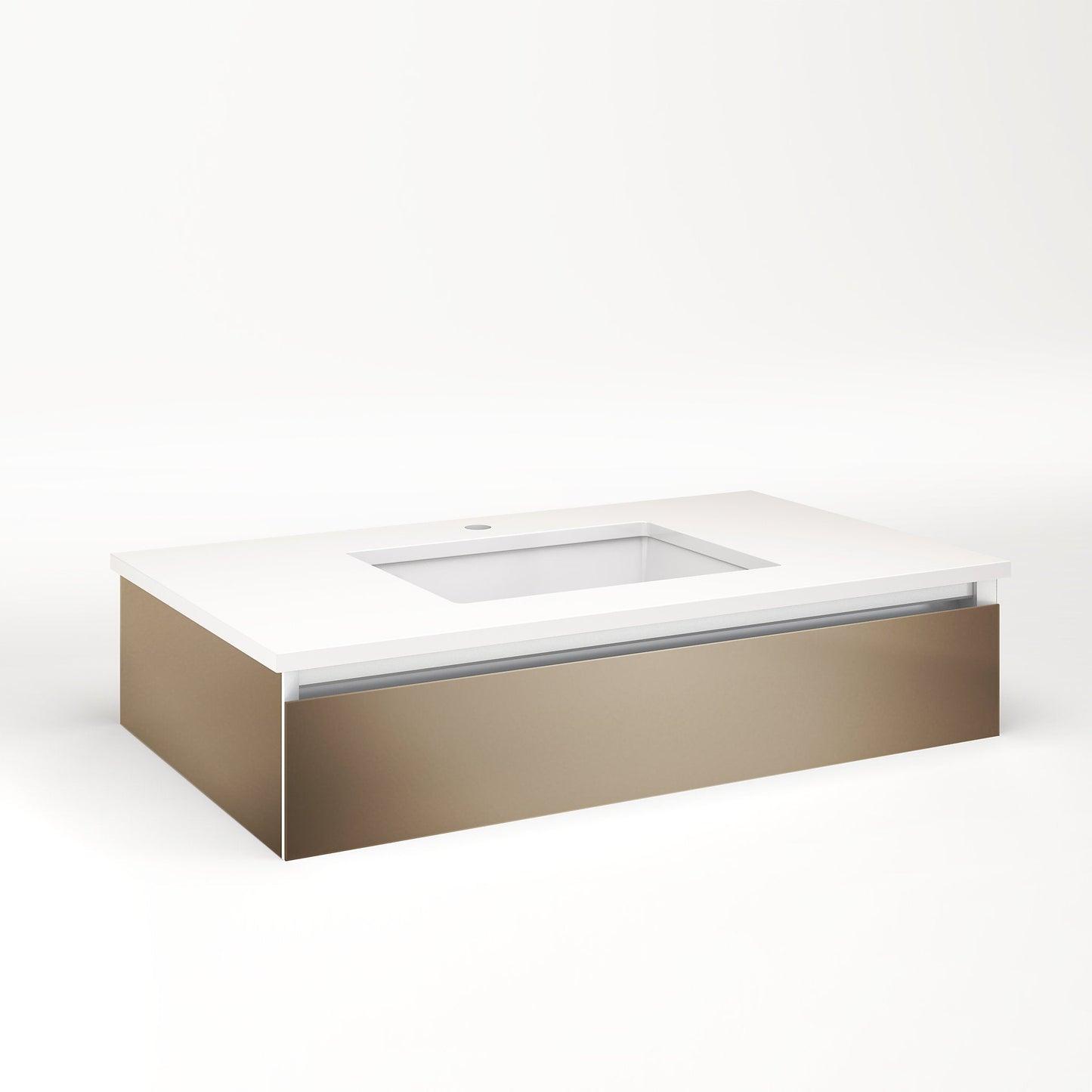 Cartesian 36-1/8" x 7-1/2" x 21-3/4" slim drawer vanity in satin bronze with slow-close plumbing drawer and night light in 5000K temperature (cool light)