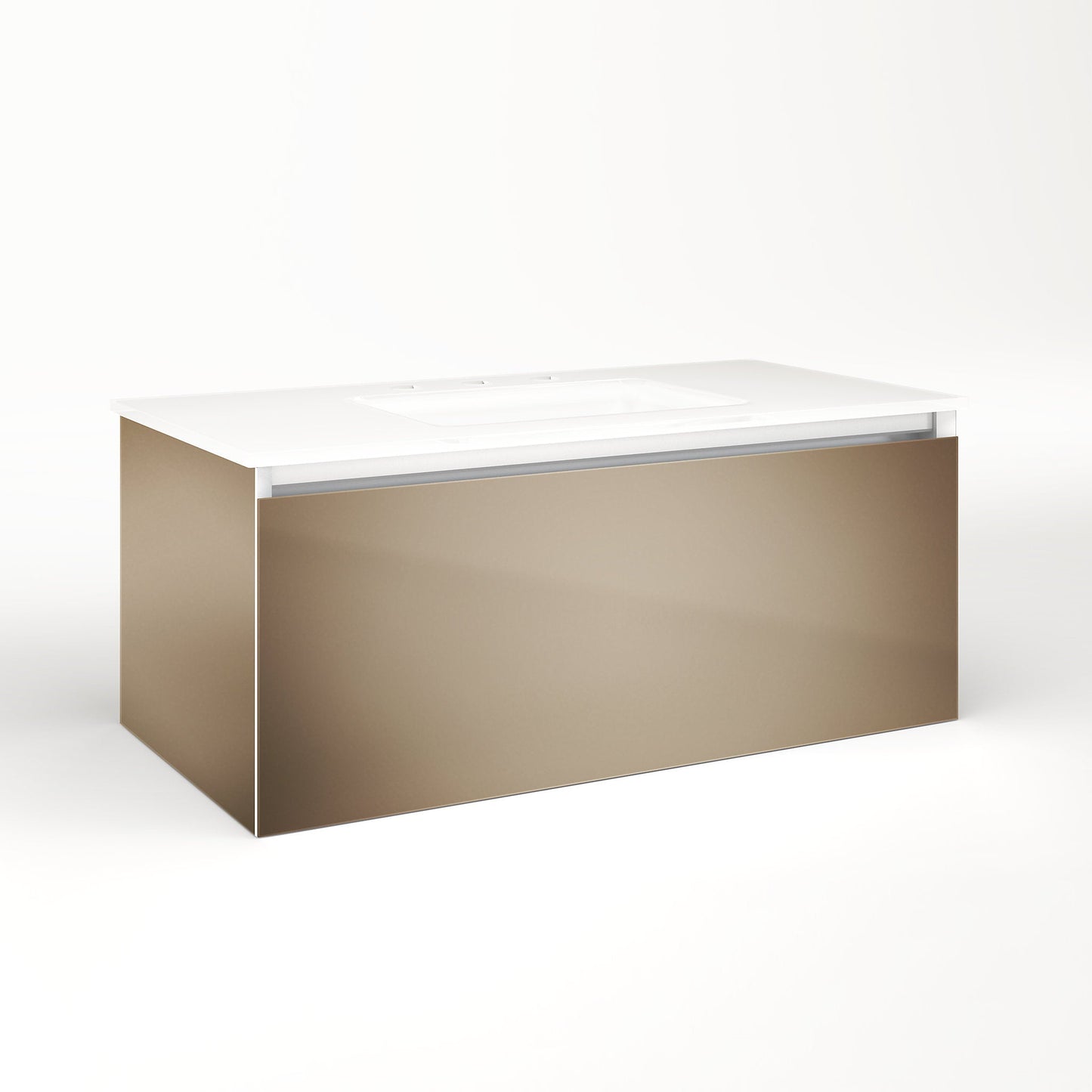 Cartesian 36-1/8" x 15" x 18-3/4" slim drawer vanity in satin bronze with slow-close full drawer and selectable night light in 2700K/4000K temperature (warm/cool light)