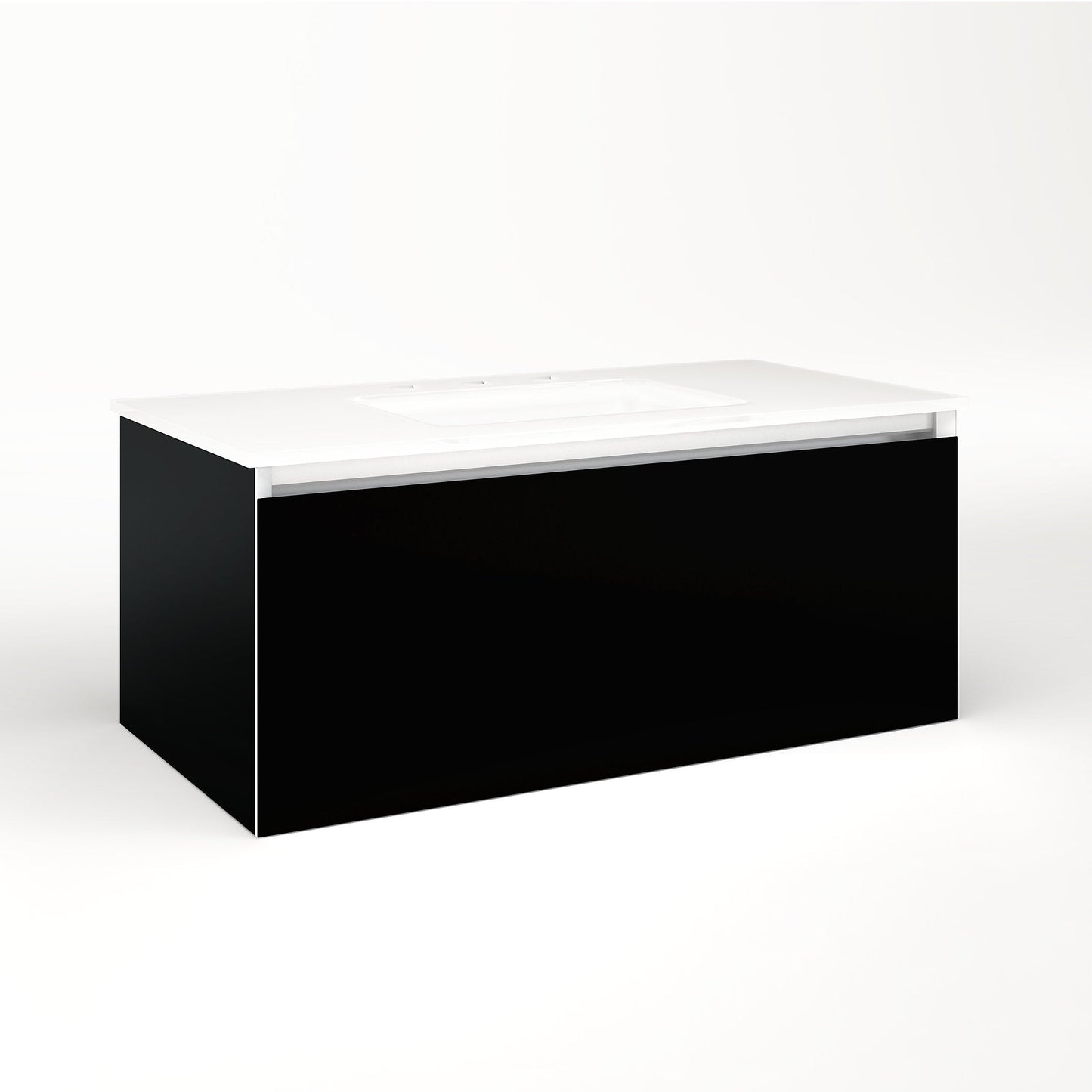 Cartesian 36-1/8" x 15" x 18-3/4" slim drawer vanity in black with slow-close plumbing drawer and selectable night light in 2700K/4000K temperature (warm/cool light)