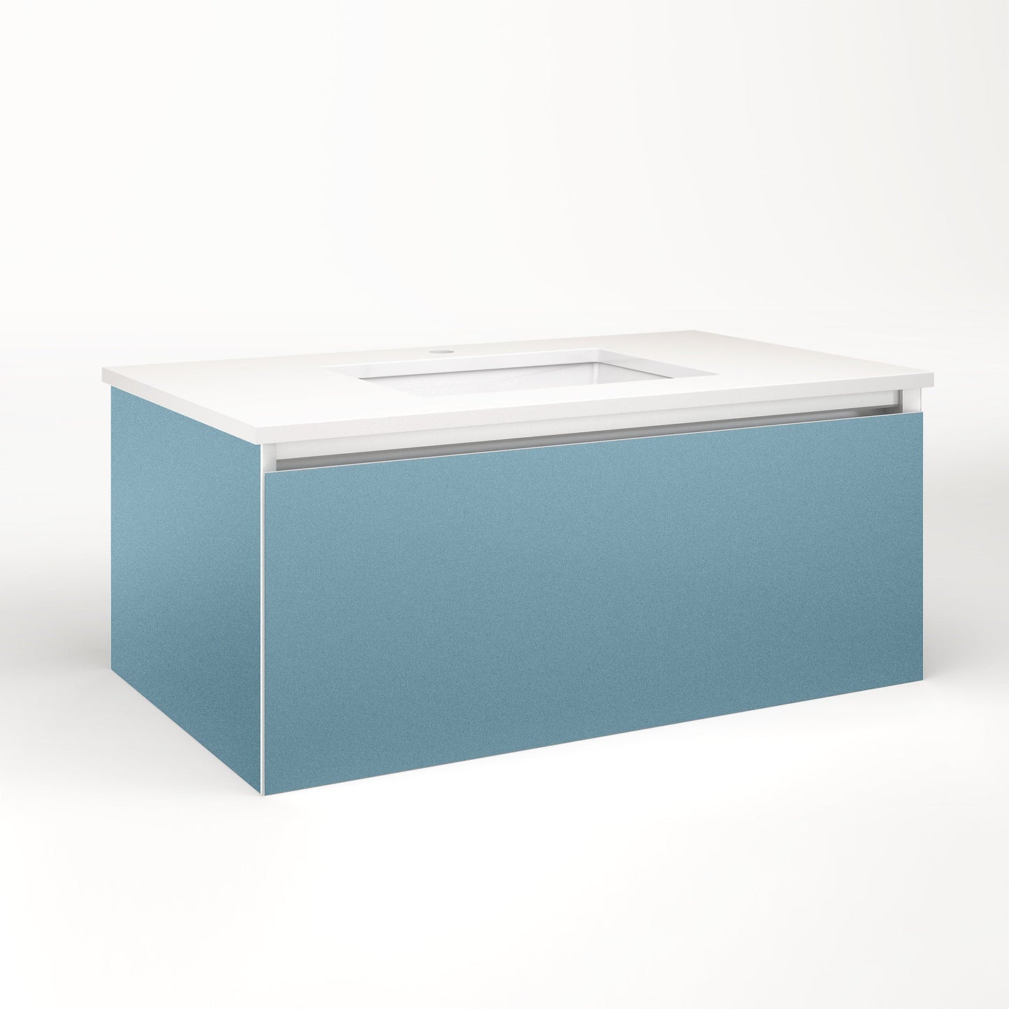 Cartesian 36-1/8" x 15" x 21-3/4" slim drawer vanity in ocean with slow-close plumbing drawer and selectable night light in 2700K/4000K temperature (warm/cool light)