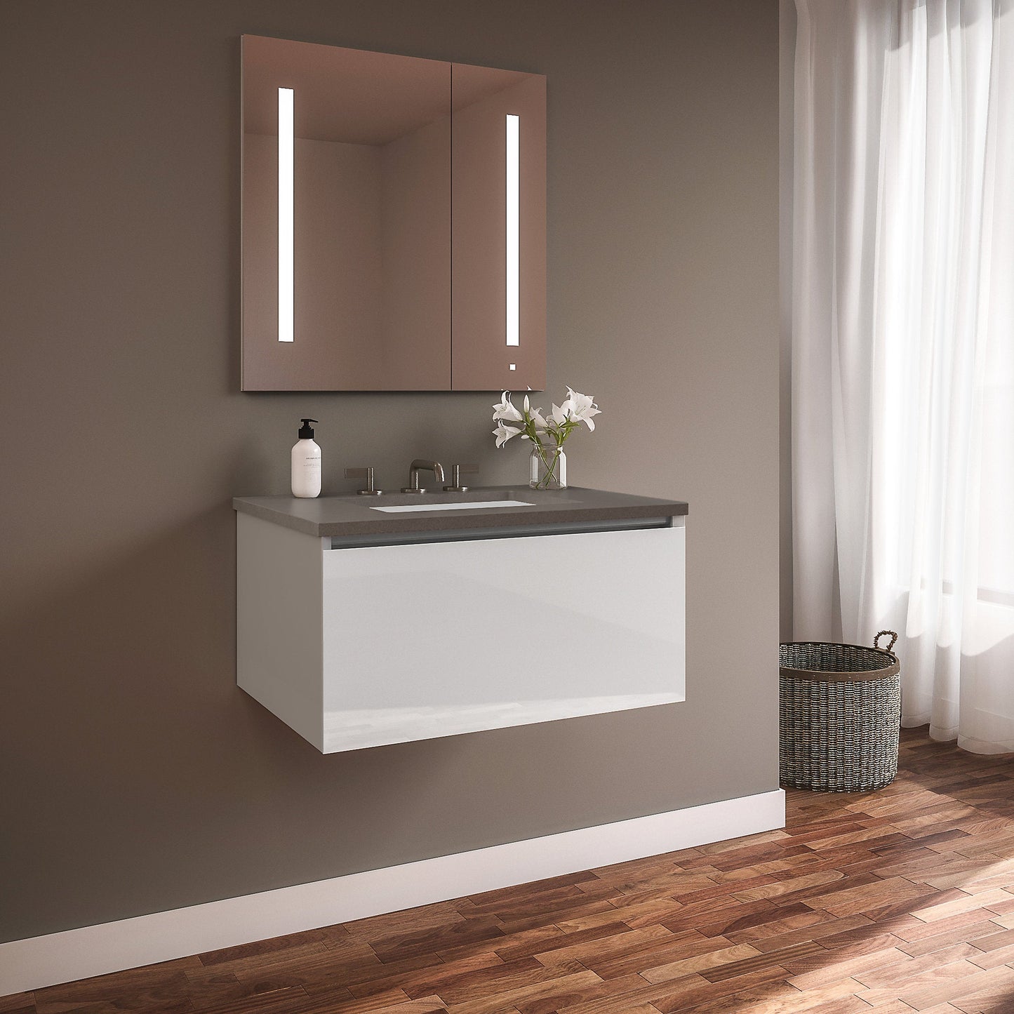 Curated Cartesian 30" x 15" x 21" single drawer vanity in white glass with slow-close plumbing drawer and Engineered Stone 31" vanity top in stone gray (Silestone expo grey)
