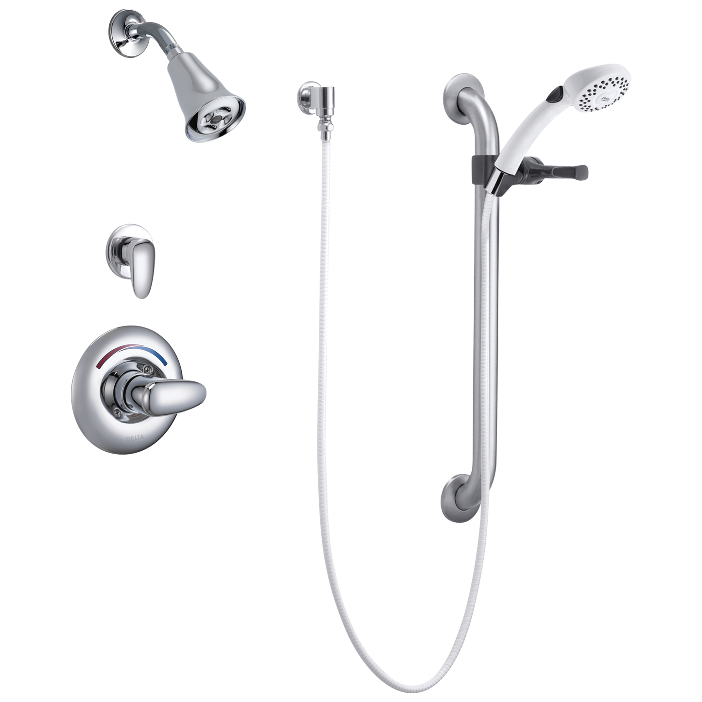 Commercial T13H: Universal Dual Shower Trim, Diverter, Hand Shower, and Grab Bar