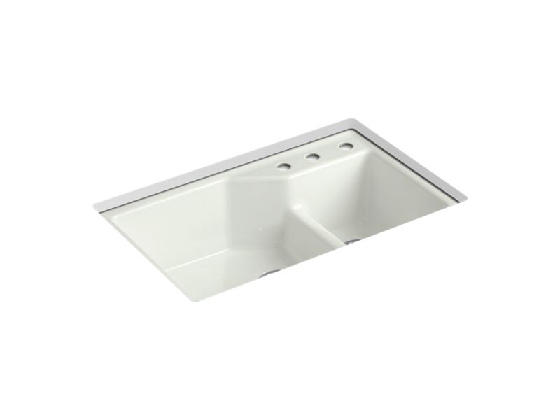 KOHLER K-6411-3 Indio 33" x 21-1/8" x 9-3/4" Smart Divide undermount double-bowl large/small workstation kitchen sink with three-hole faucet holes