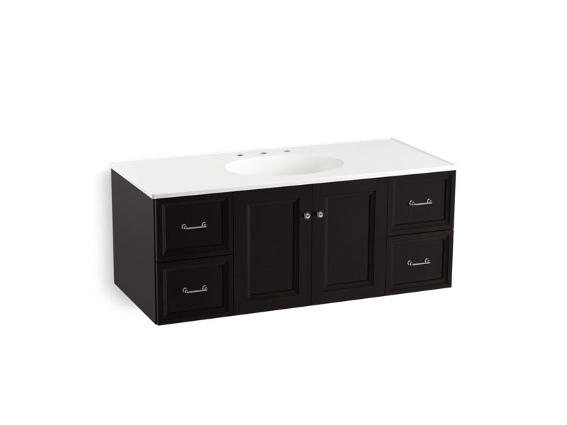 KOHLER K-99522-SD-1WU Damask 48" wall-hung bathroom vanity cabinet with 2 doors and 4 drawers, split top drawer
