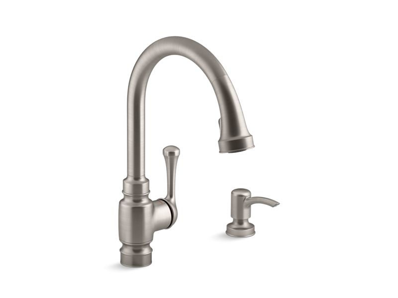 KOHLER K-R72512-SD Carmichael 4-hole kitchen faucet with 15-1/2" pull-down spout and soap/lotion dispenser