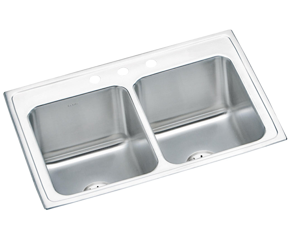 Elkay Lustertone Classic Stainless Steel 33" x 22" x 10-1/8" 3-Hole Equal Double Bowl Drop-in Sink with Perfect Drain®
