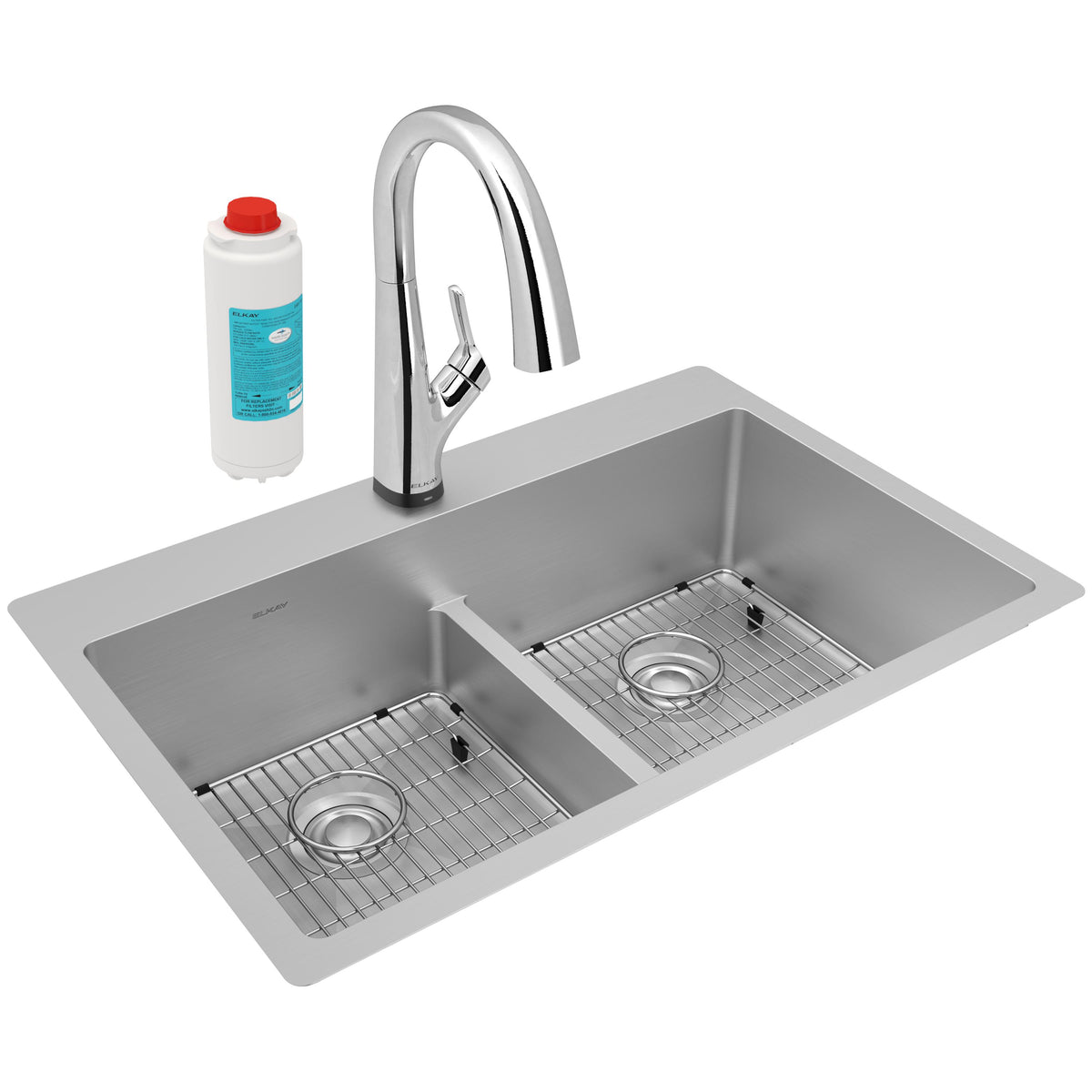 Elkay Crosstown 18 Gauge Stainless Steel 33" x 22" x 9" Equal Double Bowl Dual Mount Sink Kit with Filtered Faucet with Aqua Divide